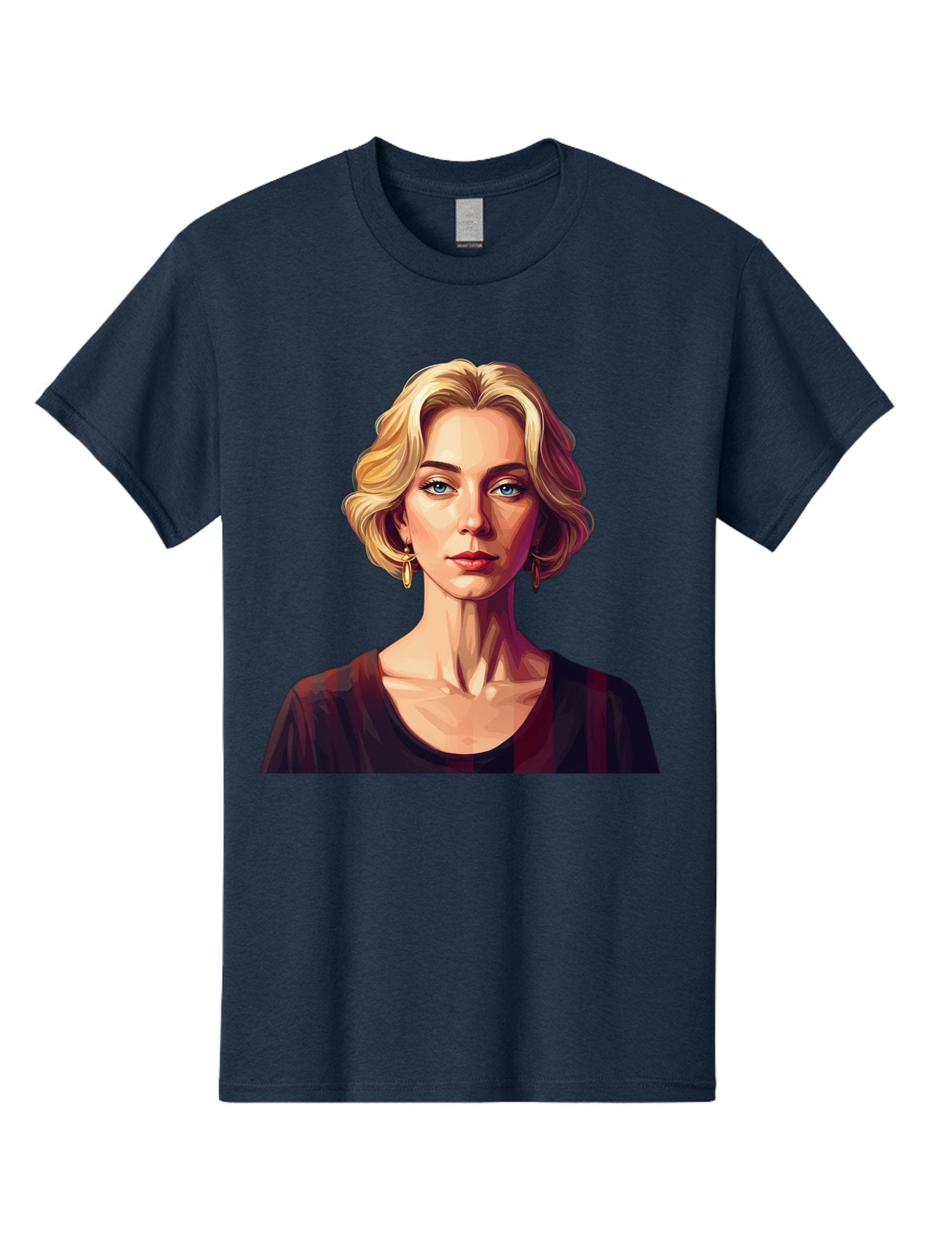 Blonde-Woman-Portrait Men'S Graphic Tee, 100% Cotton, Comfortable Casual Summer Wear, Machine Washable, Woman With Blonde Hair, Blue Eyes, Red Lips, Gold Earrings, Dark Red Top, Neck Wrinkles, Digital Art, Portrait, Fashion Illustration, Bac640 9