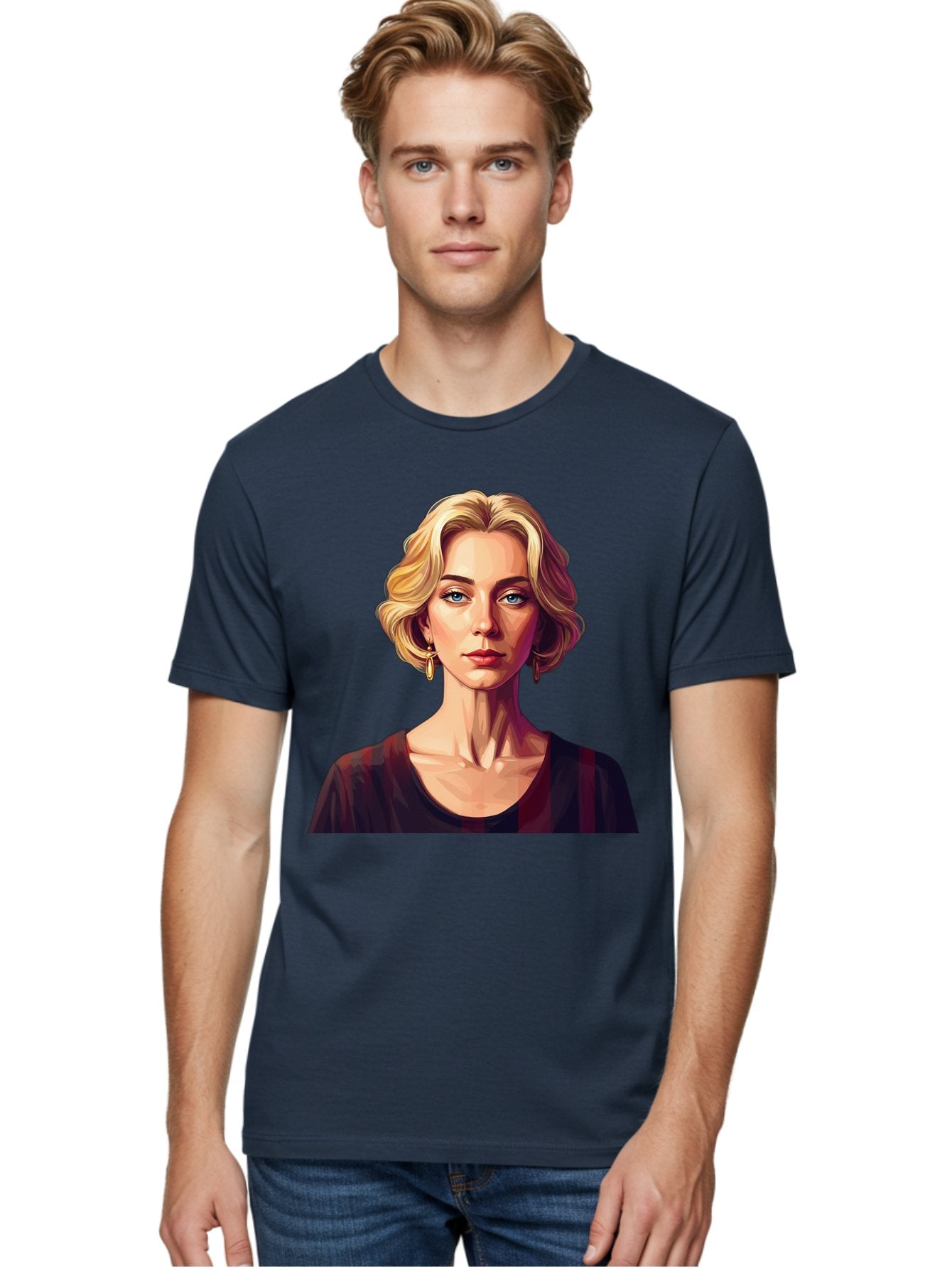 Blonde-Woman-Portrait Men'S Graphic Tee, 100% Cotton, Comfortable Casual Summer Wear, Machine Washable, Woman With Blonde Hair, Blue Eyes, Red Lips, Gold Earrings, Dark Red Top, Neck Wrinkles, Digital Art, Portrait, Fashion Illustration, Bac640 26