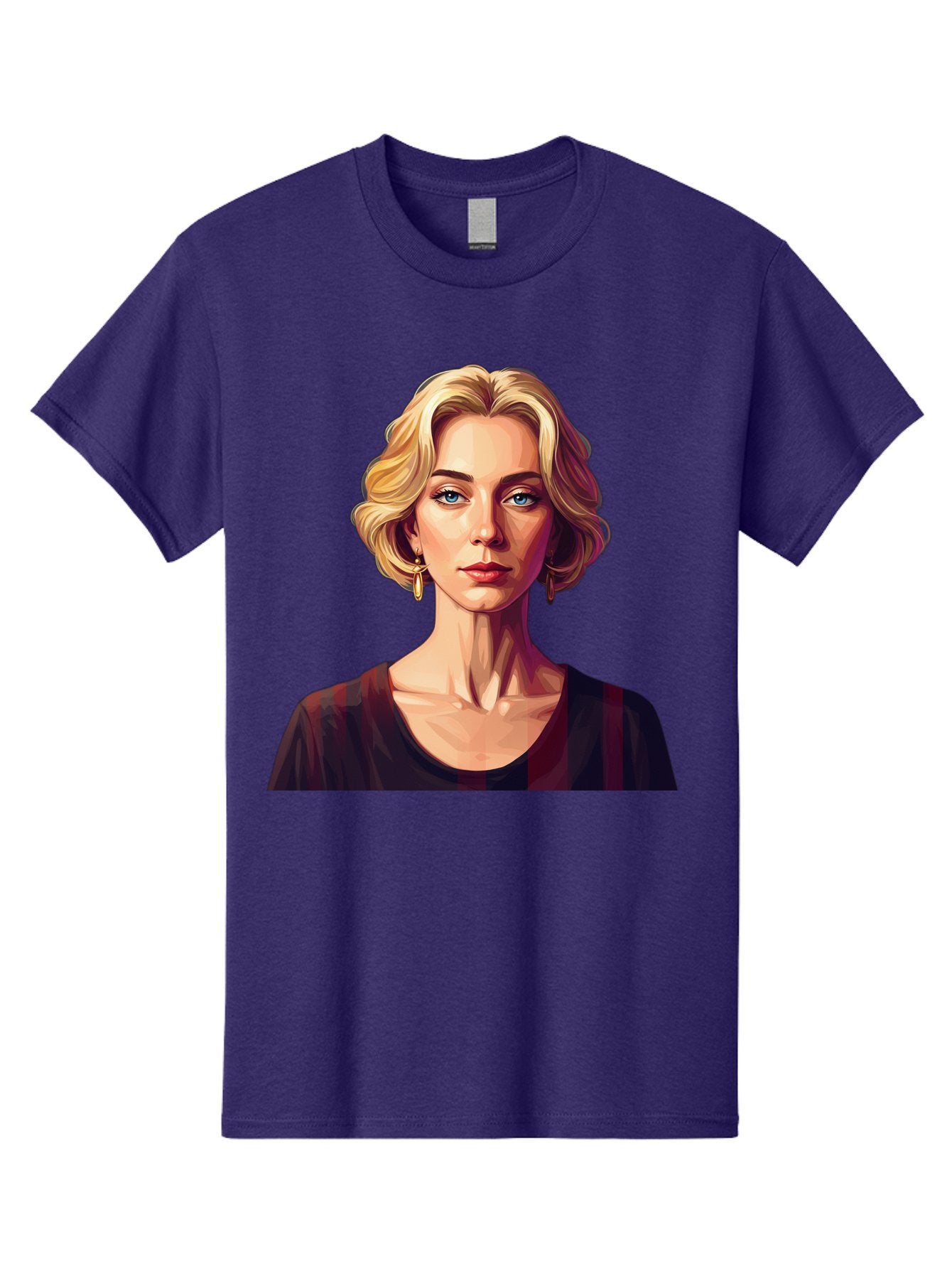Blonde-Woman-Portrait Men'S Graphic Tee, 100% Cotton, Comfortable Casual Summer Wear, Machine Washable, Woman With Blonde Hair, Blue Eyes, Red Lips, Gold Earrings, Dark Red Top, Neck Wrinkles, Digital Art, Portrait, Fashion Illustration, Bac640 14