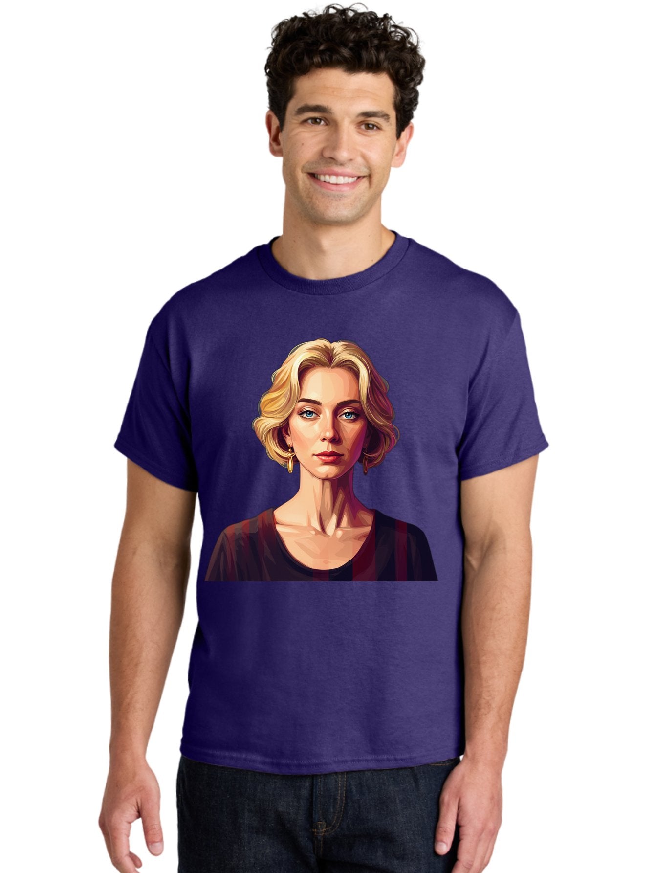 Blonde-Woman-Portrait Men'S Graphic Tee, 100% Cotton, Comfortable Casual Summer Wear, Machine Washable, Woman With Blonde Hair, Blue Eyes, Red Lips, Gold Earrings, Dark Red Top, Neck Wrinkles, Digital Art, Portrait, Fashion Illustration, Bac640 29
