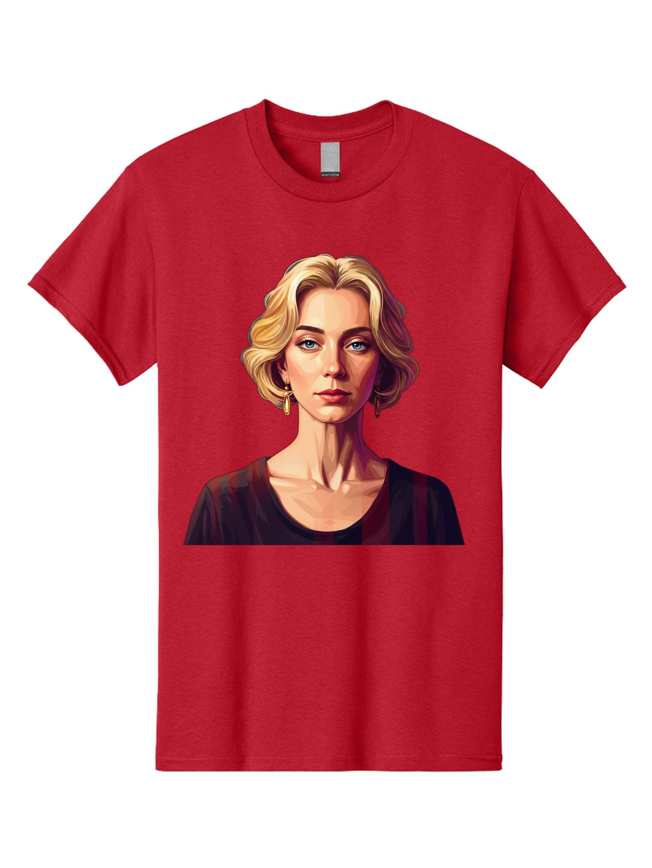 Blonde-Woman-Portrait Men'S Graphic Tee, 100% Cotton, Comfortable Casual Summer Wear, Machine Washable, Woman With Blonde Hair, Blue Eyes, Red Lips, Gold Earrings, Dark Red Top, Neck Wrinkles, Digital Art, Portrait, Fashion Illustration, Bac640 15