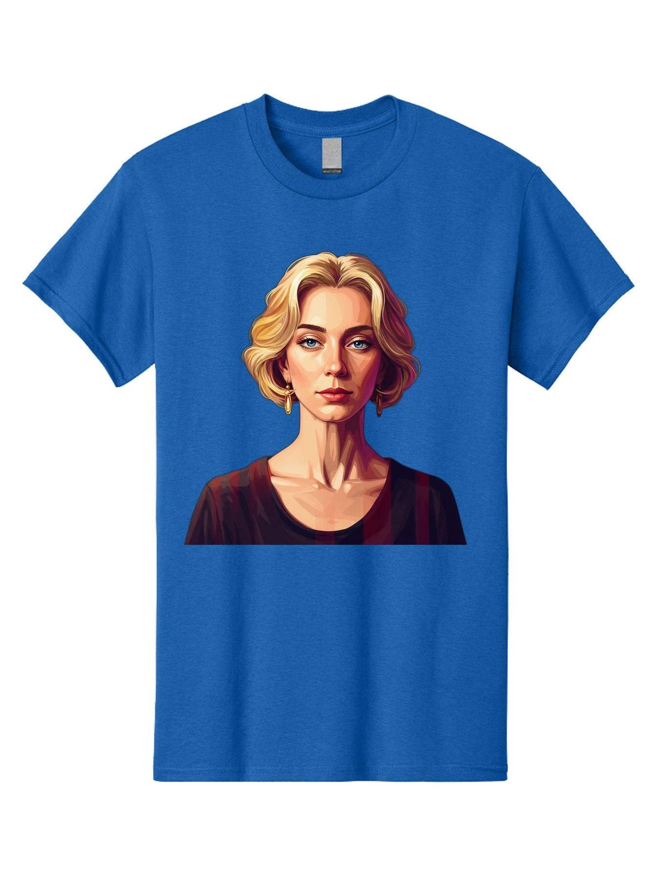 Blonde-Woman-Portrait Men'S Graphic Tee, 100% Cotton, Comfortable Casual Summer Wear, Machine Washable, Woman With Blonde Hair, Blue Eyes, Red Lips, Gold Earrings, Dark Red Top, Neck Wrinkles, Digital Art, Portrait, Fashion Illustration, Bac640