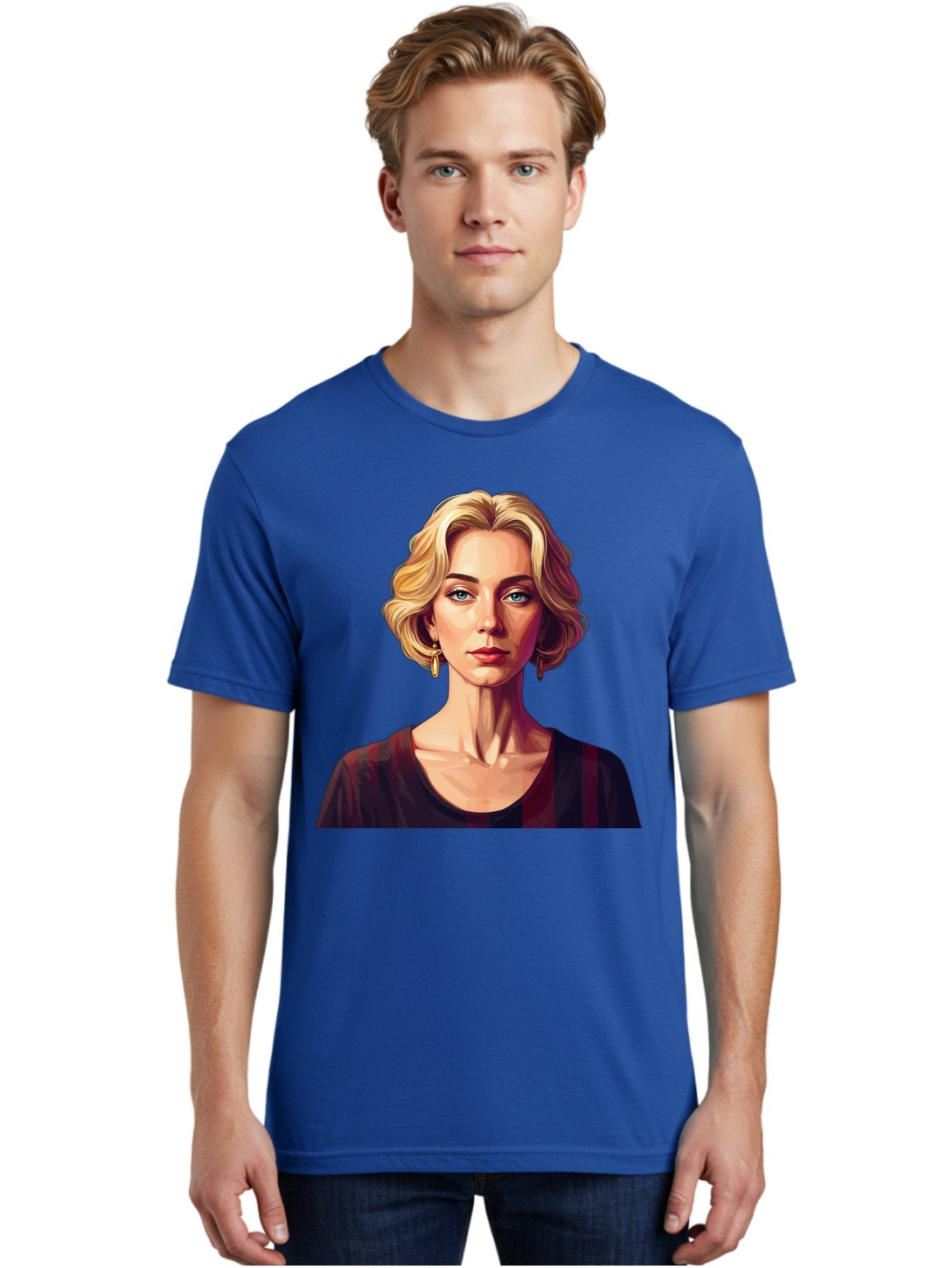 Blonde-Woman-Portrait Men'S Graphic Tee, 100% Cotton, Comfortable Casual Summer Wear, Machine Washable, Woman With Blonde Hair, Blue Eyes, Red Lips, Gold Earrings, Dark Red Top, Neck Wrinkles, Digital Art, Portrait, Fashion Illustration, Bac640 19