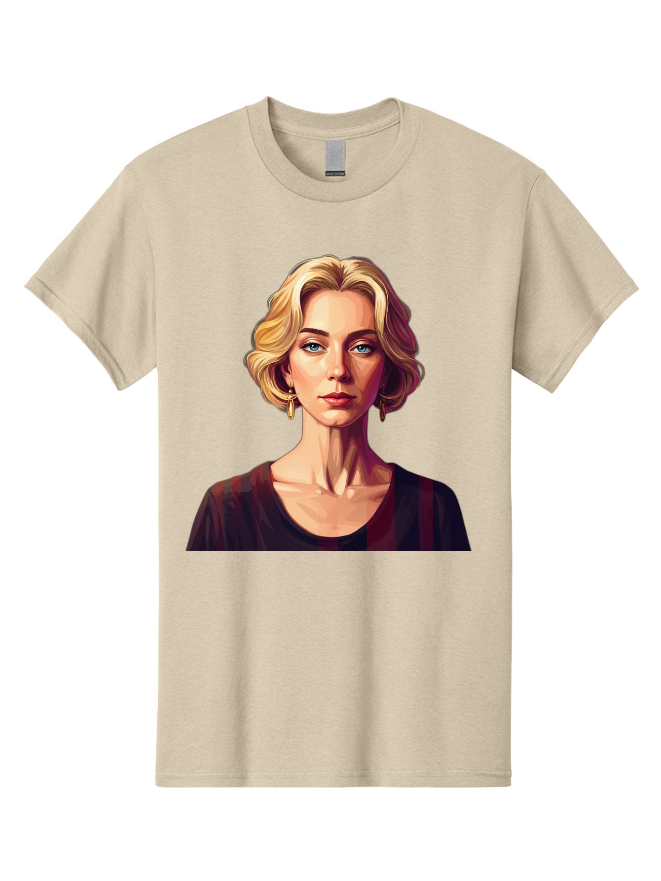 Blonde-Woman-Portrait Men'S Graphic Tee, 100% Cotton, Comfortable Casual Summer Wear, Machine Washable, Woman With Blonde Hair, Blue Eyes, Red Lips, Gold Earrings, Dark Red Top, Neck Wrinkles, Digital Art, Portrait, Fashion Illustration, Bac640 12
