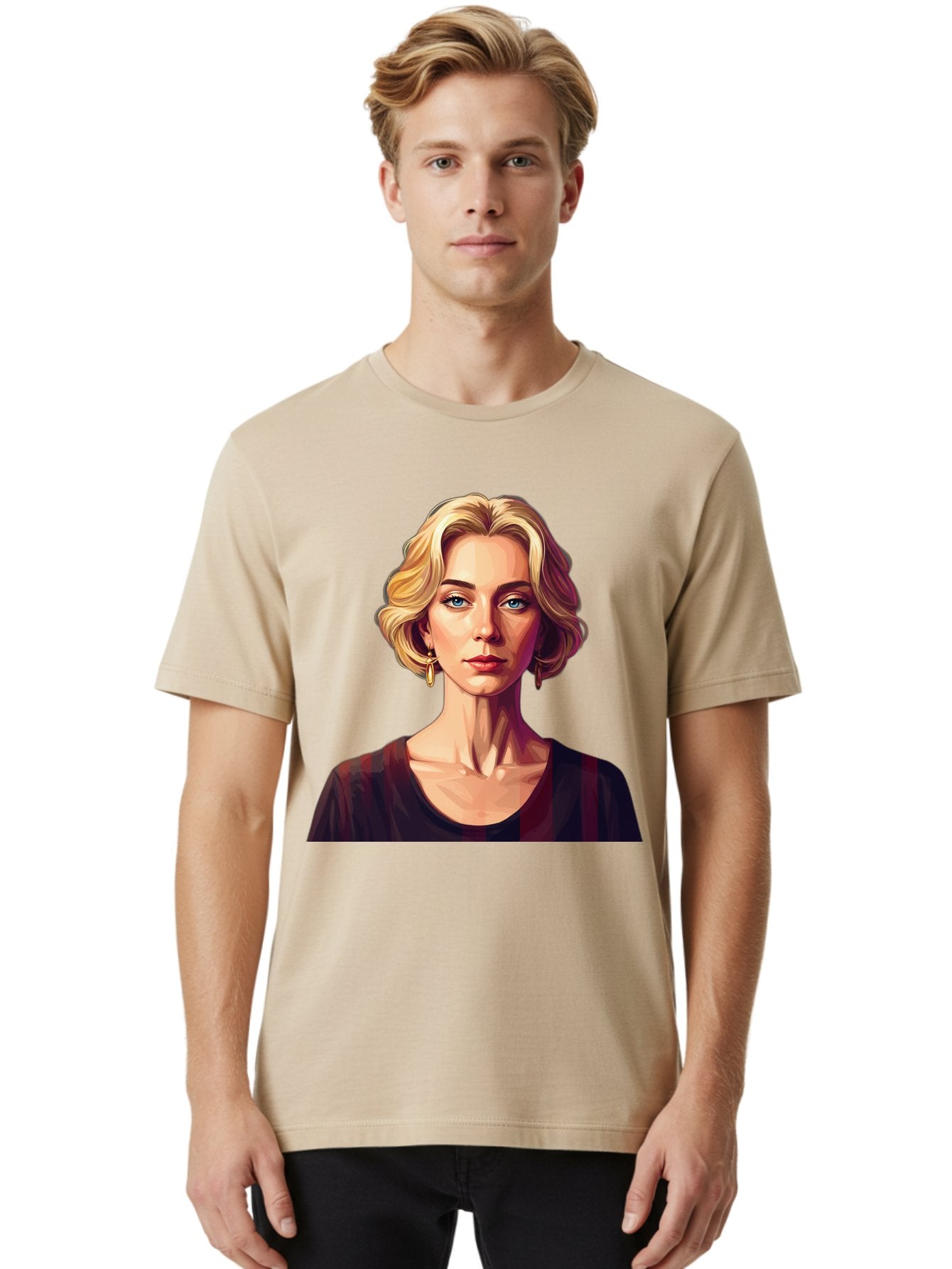 Blonde-Woman-Portrait Men'S Graphic Tee, 100% Cotton, Comfortable Casual Summer Wear, Machine Washable, Woman With Blonde Hair, Blue Eyes, Red Lips, Gold Earrings, Dark Red Top, Neck Wrinkles, Digital Art, Portrait, Fashion Illustration, Bac640 28