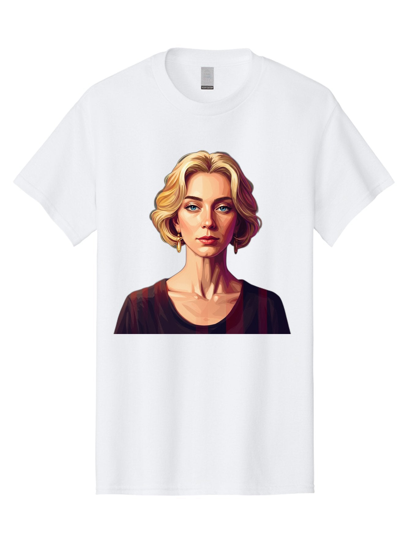 Blonde-Woman-Portrait Men'S Graphic Tee, 100% Cotton, Comfortable Casual Summer Wear, Machine Washable, Woman With Blonde Hair, Blue Eyes, Red Lips, Gold Earrings, Dark Red Top, Neck Wrinkles, Digital Art, Portrait, Fashion Illustration, Bac640 4
