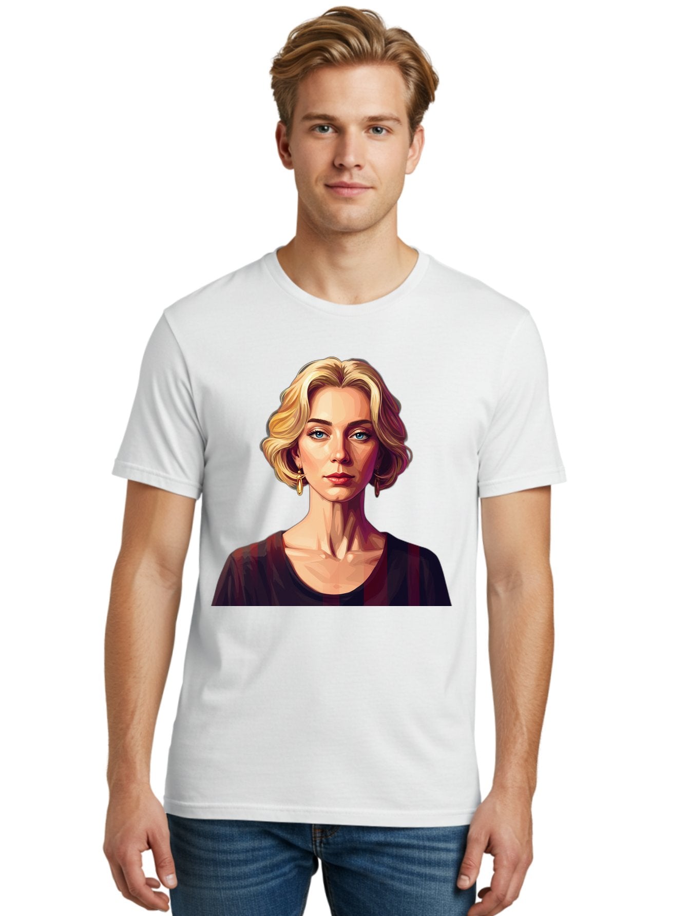 Blonde-Woman-Portrait Men'S Graphic Tee, 100% Cotton, Comfortable Casual Summer Wear, Machine Washable, Woman With Blonde Hair, Blue Eyes, Red Lips, Gold Earrings, Dark Red Top, Neck Wrinkles, Digital Art, Portrait, Fashion Illustration, Bac640 18