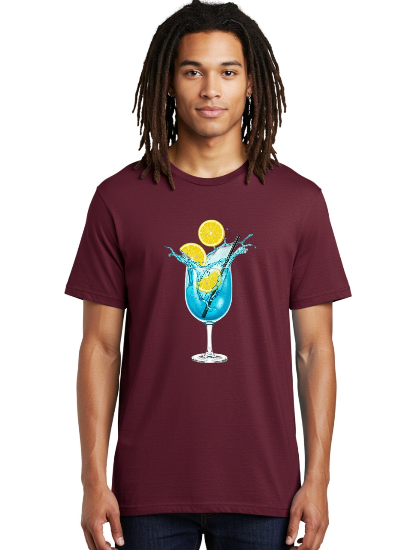 Blue-Cocktail Men'S Graphic Tee, 100% Cotton, Comfortable Casual Summer Wear, Machine Washable, Refreshing Cocktail, Blue Drink, Citrus Slices, Black Straw, Splashing Water, Summer Vibes, Cocktail Hour, Citrusy Flavors Bac641 23
