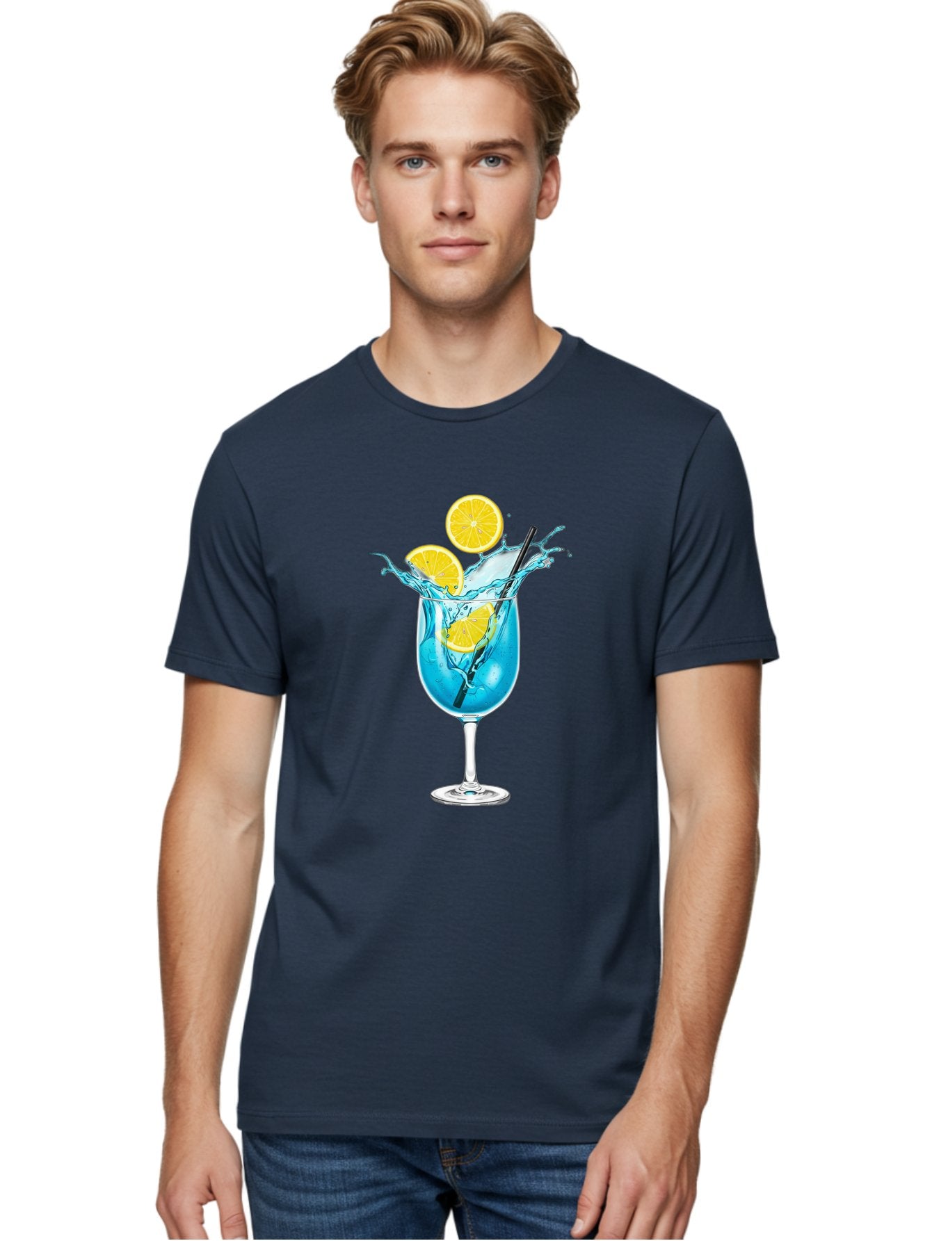 Blue-Cocktail Men'S Graphic Tee, 100% Cotton, Comfortable Casual Summer Wear, Machine Washable, Refreshing Cocktail, Blue Drink, Citrus Slices, Black Straw, Splashing Water, Summer Vibes, Cocktail Hour, Citrusy Flavors Bac641 18
