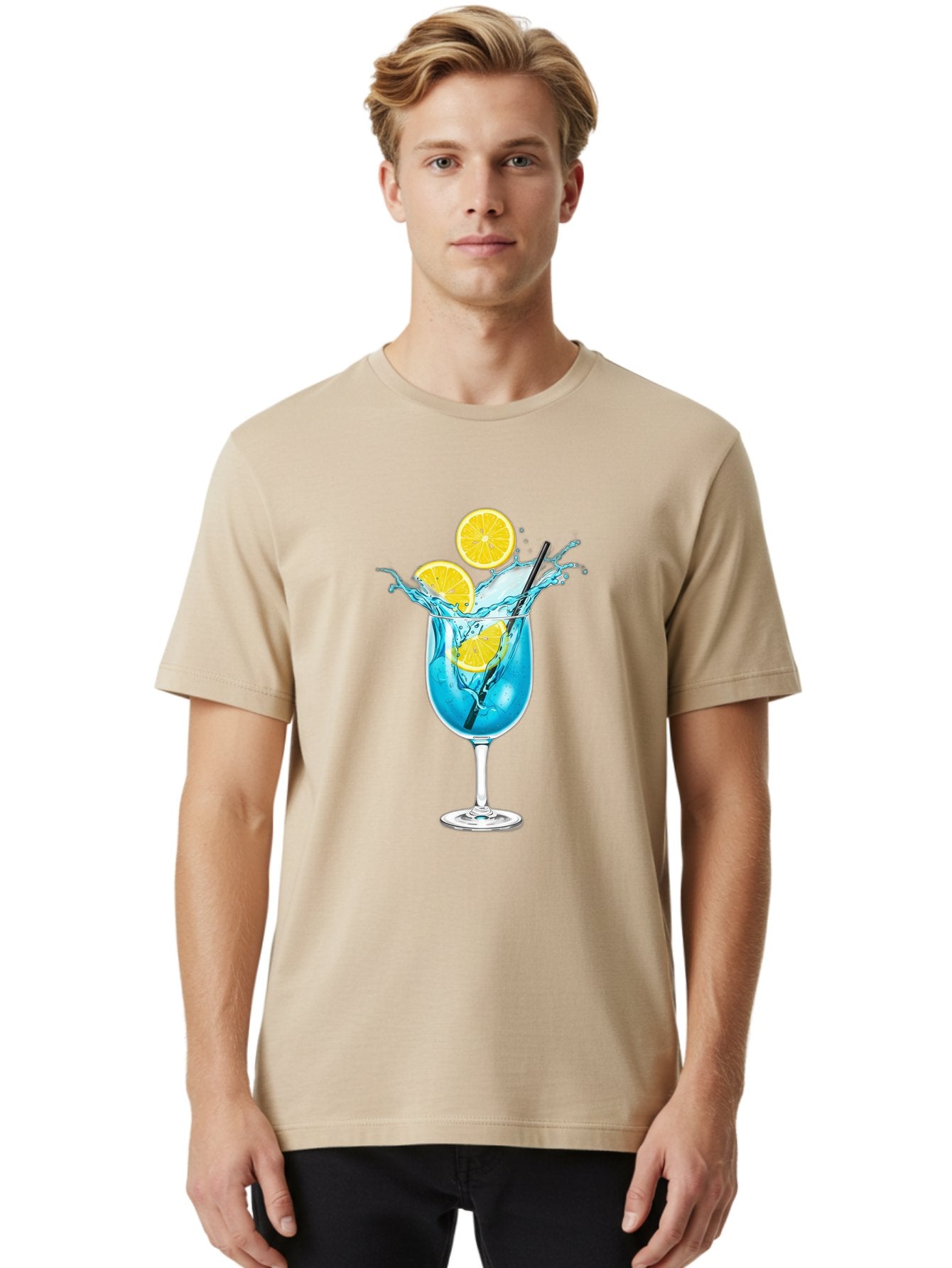 Blue-Cocktail Men'S Graphic Tee, 100% Cotton, Comfortable Casual Summer Wear, Machine Washable, Refreshing Cocktail, Blue Drink, Citrus Slices, Black Straw, Splashing Water, Summer Vibes, Cocktail Hour, Citrusy Flavors Bac641 28