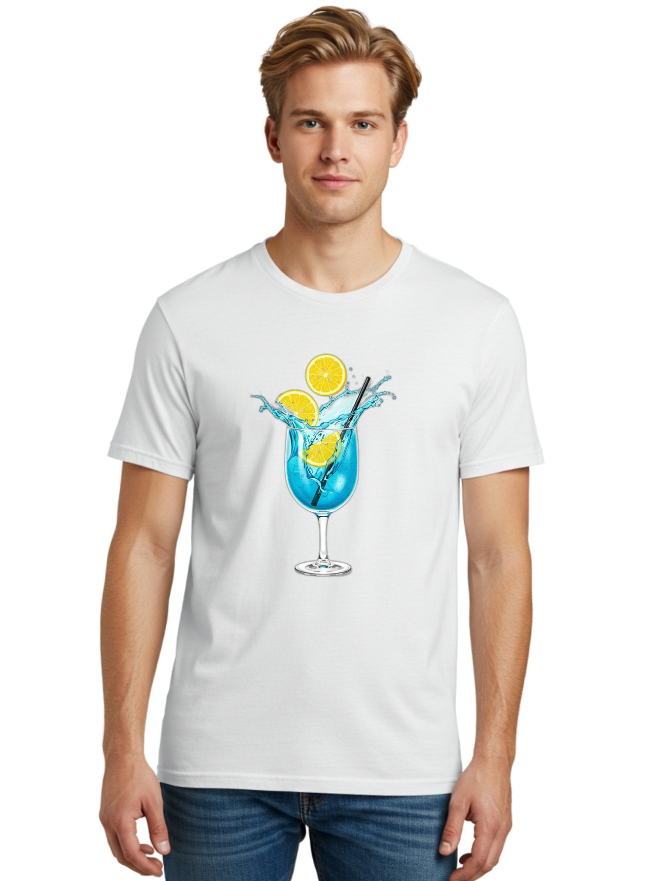 Blue-Cocktail Men'S Graphic Tee, 100% Cotton, Comfortable Casual Summer Wear, Machine Washable, Refreshing Cocktail, Blue Drink, Citrus Slices, Black Straw, Splashing Water, Summer Vibes, Cocktail Hour, Citrusy Flavors Bac641 25