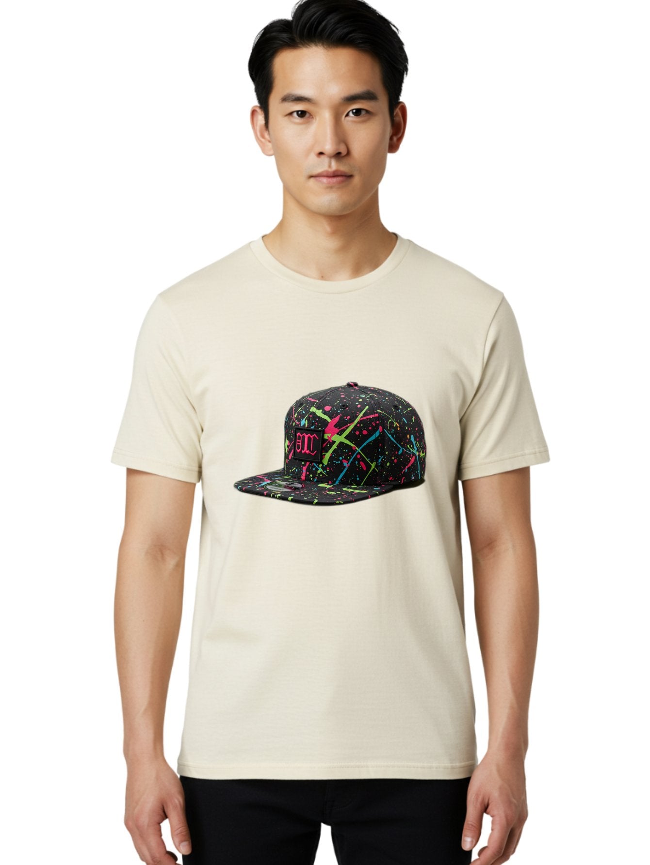 Bmc-Paint-Splatter-Baseball-Cap Men'S Graphic Tee, 100% Cotton, Comfortable Casual Summer Wear, Machine Washable, Splatter Cap, Streetwear Fashion, Bold Design, Neon Colors, Trendy Hat, Emc Logo, Vibrant Splatters, Urban Style, Edgy Caps Bac642 23