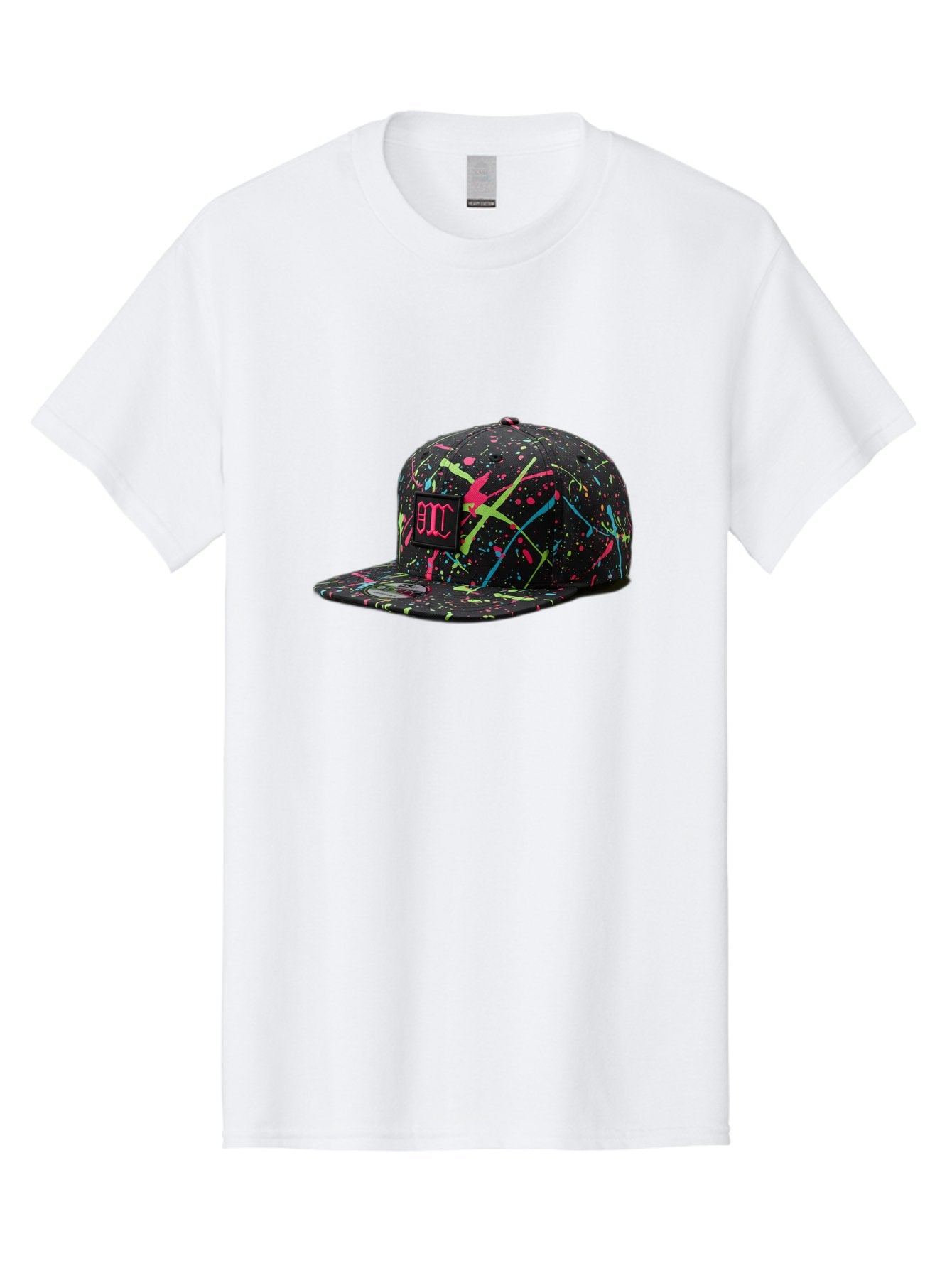 Bmc-Paint-Splatter-Baseball-Cap Men'S Graphic Tee, 100% Cotton, Comfortable Casual Summer Wear, Machine Washable, Splatter Cap, Streetwear Fashion, Bold Design, Neon Colors, Trendy Hat, Emc Logo, Vibrant Splatters, Urban Style, Edgy Caps Bac642