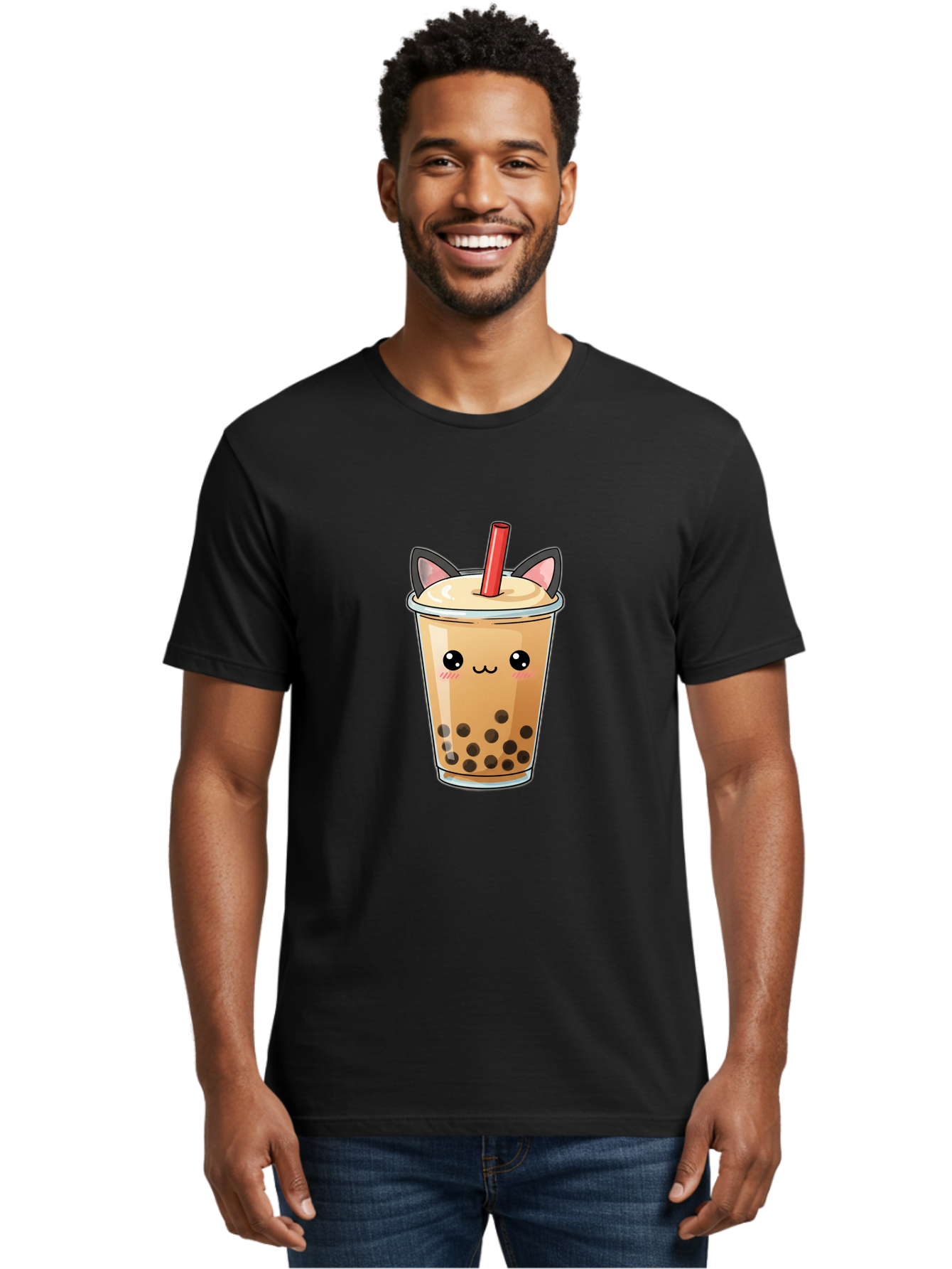 Boba-Cat Men'S Graphic Tee, 100% Cotton, Comfortable Casual Summer Wear, Machine Washable, Boba Tea, Milk Tea, Bubble Tea, Kawaii Culture, Cute Drink, Cartoon Character, Red Straw, Black Boba, Adorable Face, Anime Style, Tea Lover, Bac643 18