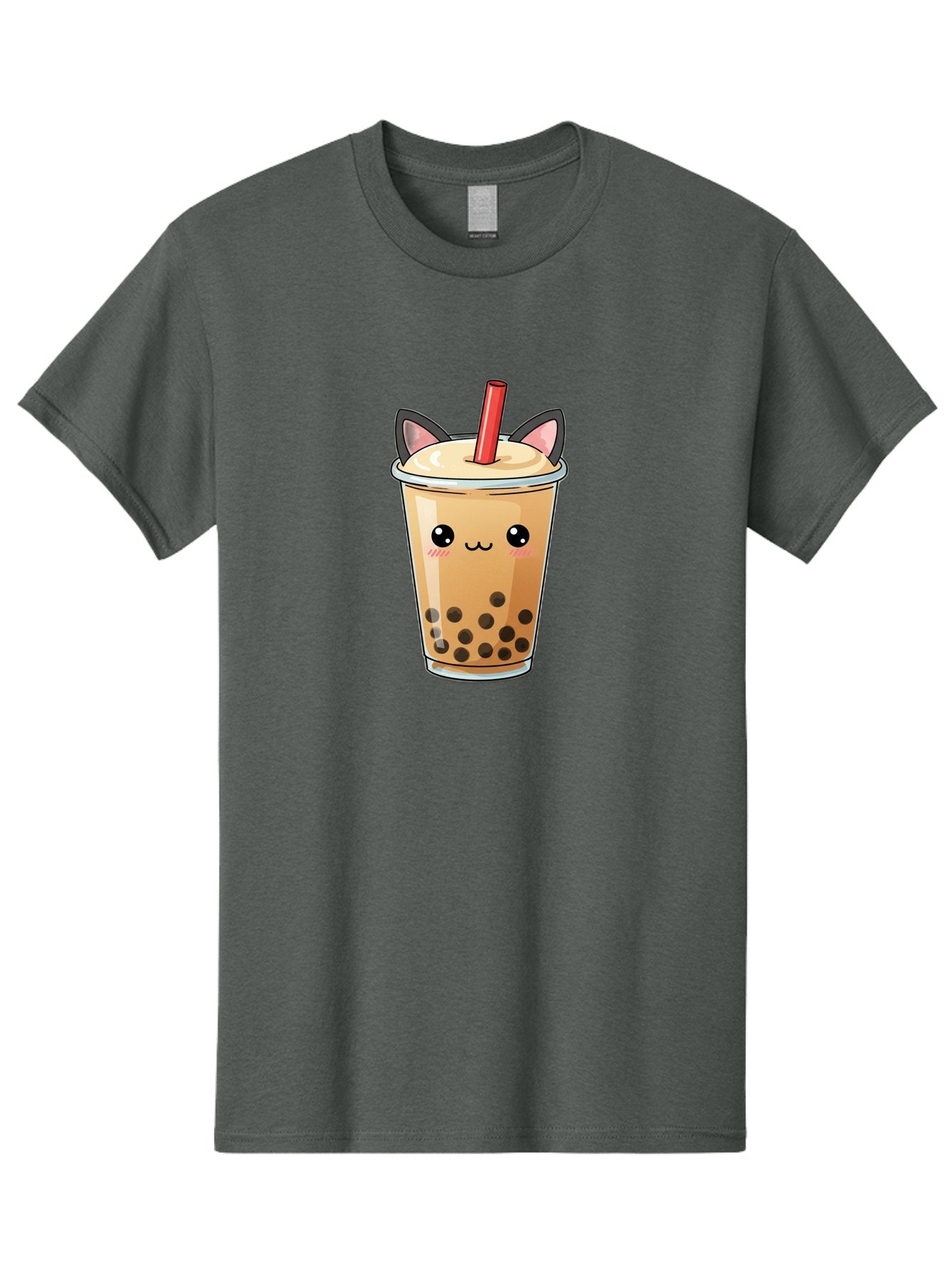 Boba-Cat Men'S Graphic Tee, 100% Cotton, Comfortable Casual Summer Wear, Machine Washable, Boba Tea, Milk Tea, Bubble Tea, Kawaii Culture, Cute Drink, Cartoon Character, Red Straw, Black Boba, Adorable Face, Anime Style, Tea Lover, Bac643 3