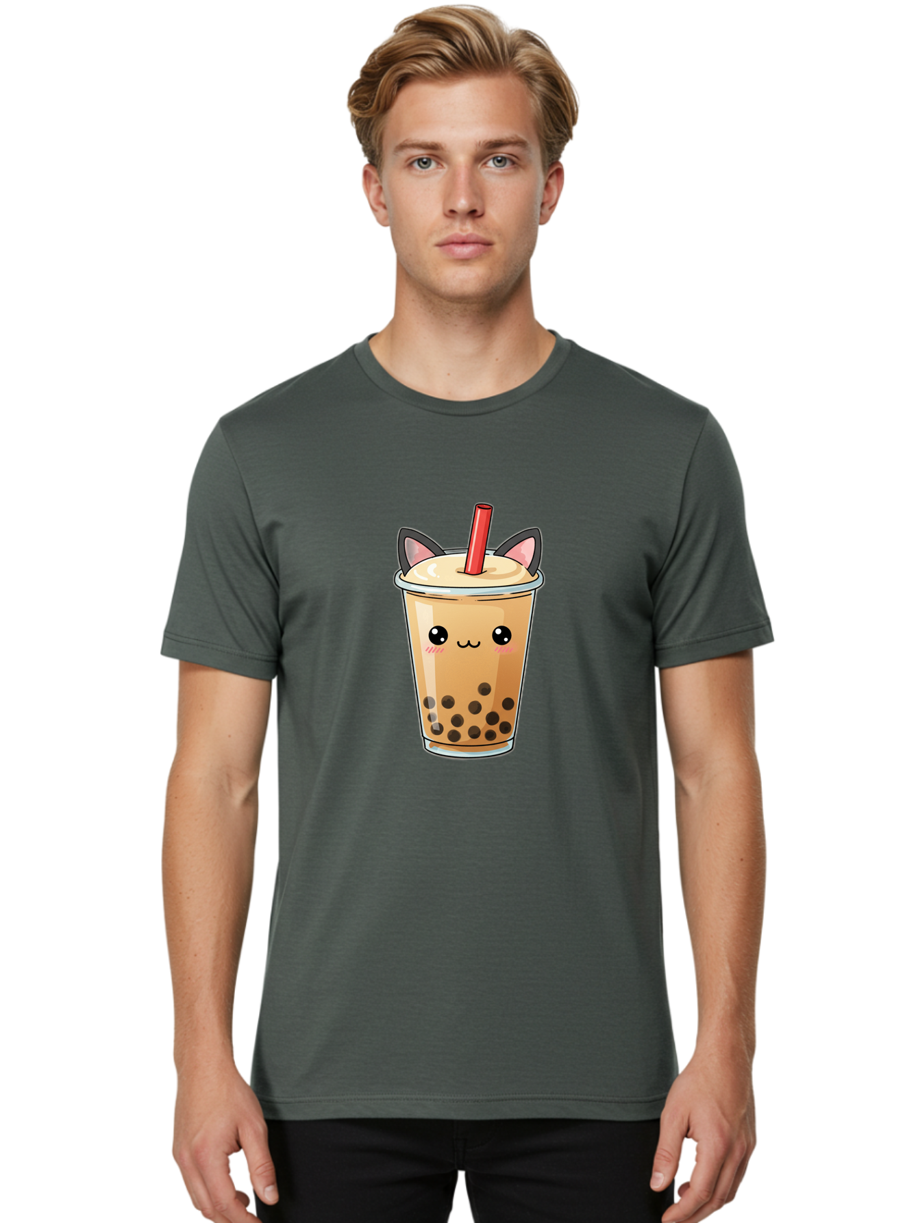 Boba-Cat Men'S Graphic Tee, 100% Cotton, Comfortable Casual Summer Wear, Machine Washable, Boba Tea, Milk Tea, Bubble Tea, Kawaii Culture, Cute Drink, Cartoon Character, Red Straw, Black Boba, Adorable Face, Anime Style, Tea Lover, Bac643 24
