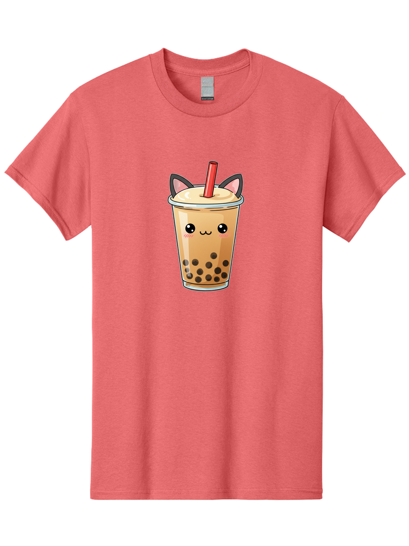 Boba-Cat Men'S Graphic Tee, 100% Cotton, Comfortable Casual Summer Wear, Machine Washable, Boba Tea, Milk Tea, Bubble Tea, Kawaii Culture, Cute Drink, Cartoon Character, Red Straw, Black Boba, Adorable Face, Anime Style, Tea Lover, Bac643 7