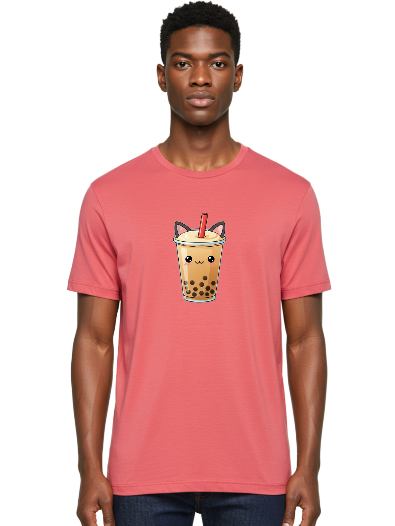 Boba-Cat Men'S Graphic Tee, 100% Cotton, Comfortable Casual Summer Wear, Machine Washable, Boba Tea, Milk Tea, Bubble Tea, Kawaii Culture, Cute Drink, Cartoon Character, Red Straw, Black Boba, Adorable Face, Anime Style, Tea Lover, Bac643 22