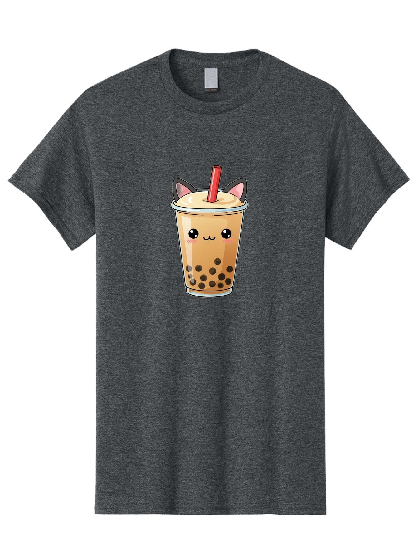 Boba-Cat Men'S Graphic Tee, 100% Cotton, Comfortable Casual Summer Wear, Machine Washable, Boba Tea, Milk Tea, Bubble Tea, Kawaii Culture, Cute Drink, Cartoon Character, Red Straw, Black Boba, Adorable Face, Anime Style, Tea Lover, Bac643
