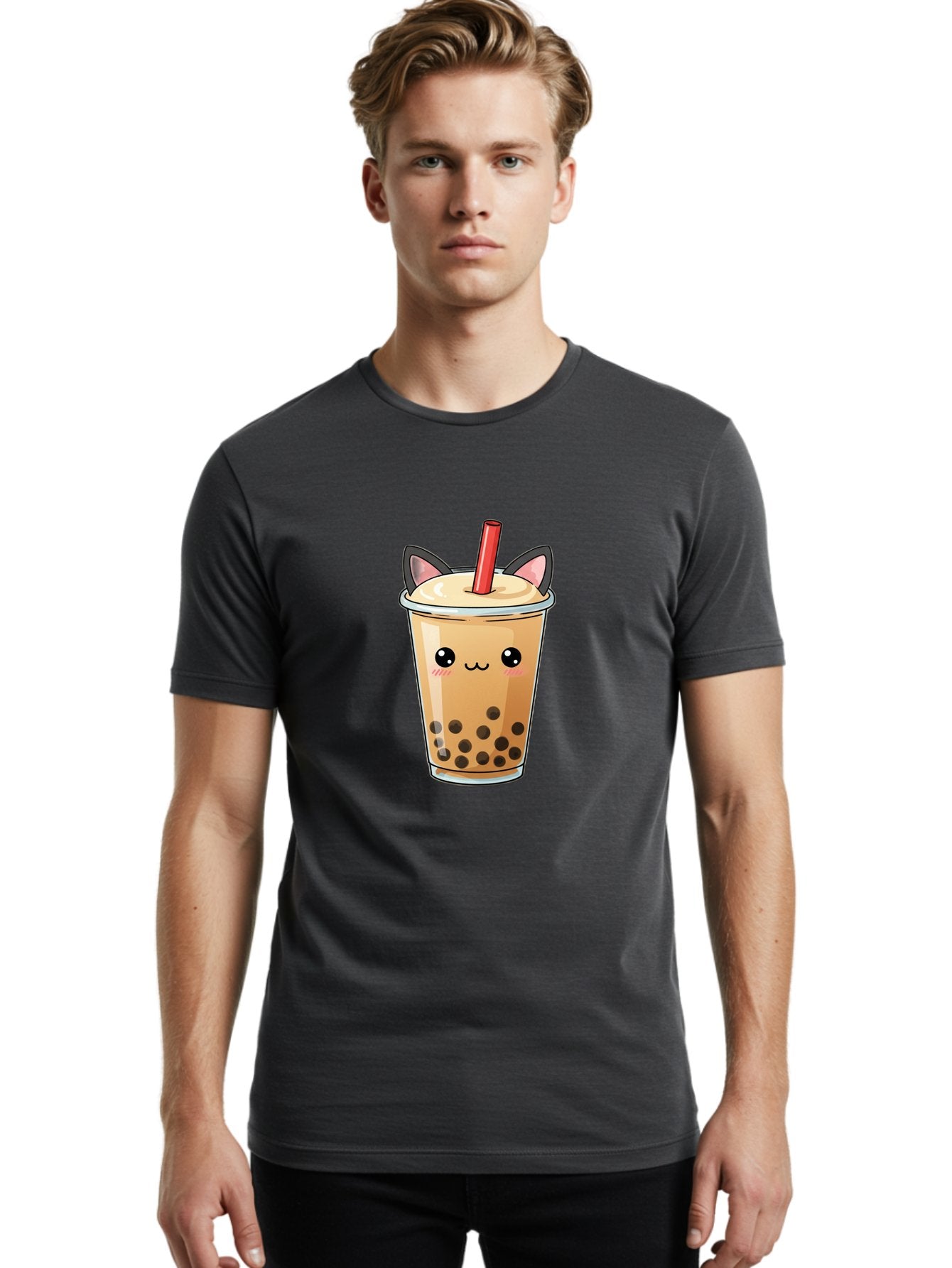 Boba-Cat Men'S Graphic Tee, 100% Cotton, Comfortable Casual Summer Wear, Machine Washable, Boba Tea, Milk Tea, Bubble Tea, Kawaii Culture, Cute Drink, Cartoon Character, Red Straw, Black Boba, Adorable Face, Anime Style, Tea Lover, Bac643 19