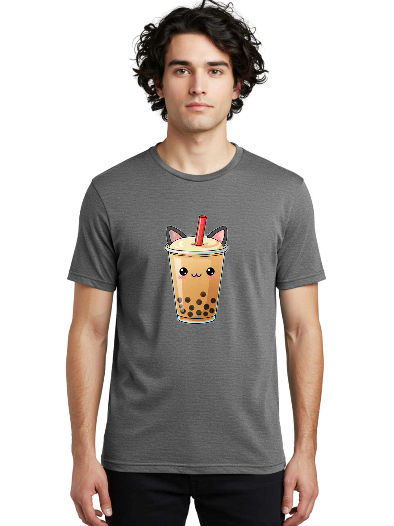 Boba-Cat Men'S Graphic Tee, 100% Cotton, Comfortable Casual Summer Wear, Machine Washable, Boba Tea, Milk Tea, Bubble Tea, Kawaii Culture, Cute Drink, Cartoon Character, Red Straw, Black Boba, Adorable Face, Anime Style, Tea Lover, Bac643 30