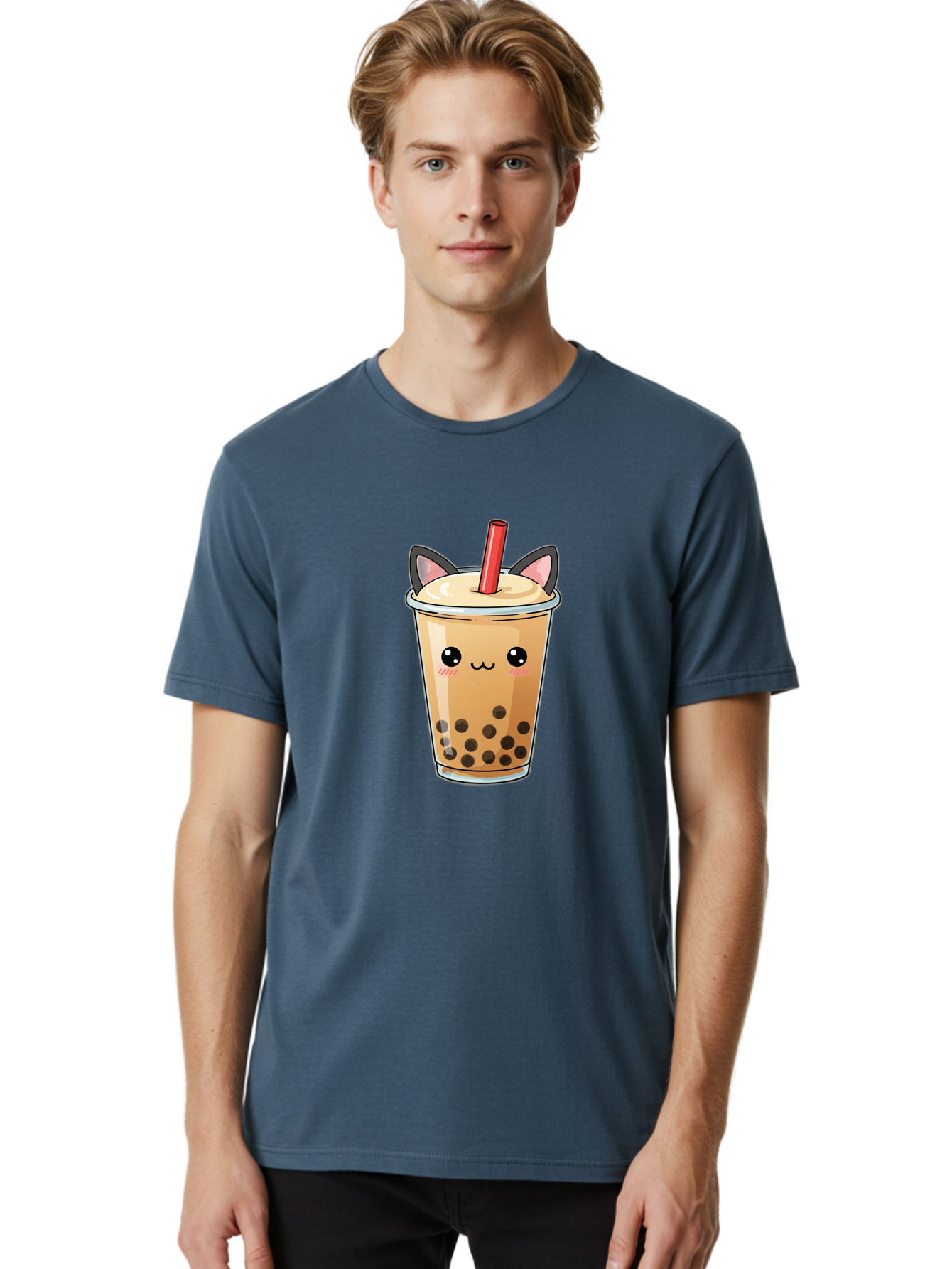 Boba-Cat Men'S Graphic Tee, 100% Cotton, Comfortable Casual Summer Wear, Machine Washable, Boba Tea, Milk Tea, Bubble Tea, Kawaii Culture, Cute Drink, Cartoon Character, Red Straw, Black Boba, Adorable Face, Anime Style, Tea Lover, Bac643 19