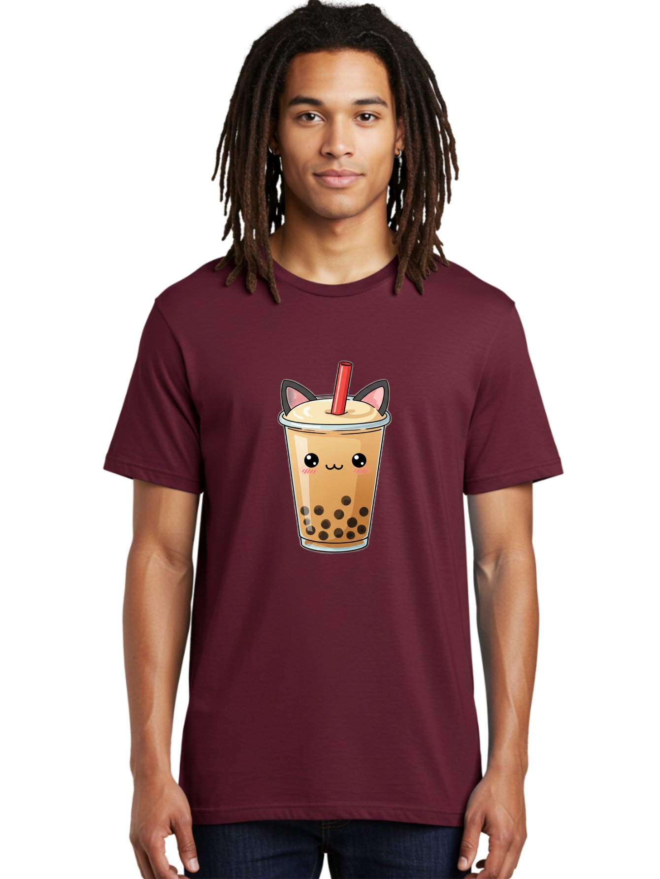 Boba-Cat Men'S Graphic Tee, 100% Cotton, Comfortable Casual Summer Wear, Machine Washable, Boba Tea, Milk Tea, Bubble Tea, Kawaii Culture, Cute Drink, Cartoon Character, Red Straw, Black Boba, Adorable Face, Anime Style, Tea Lover, Bac643 16