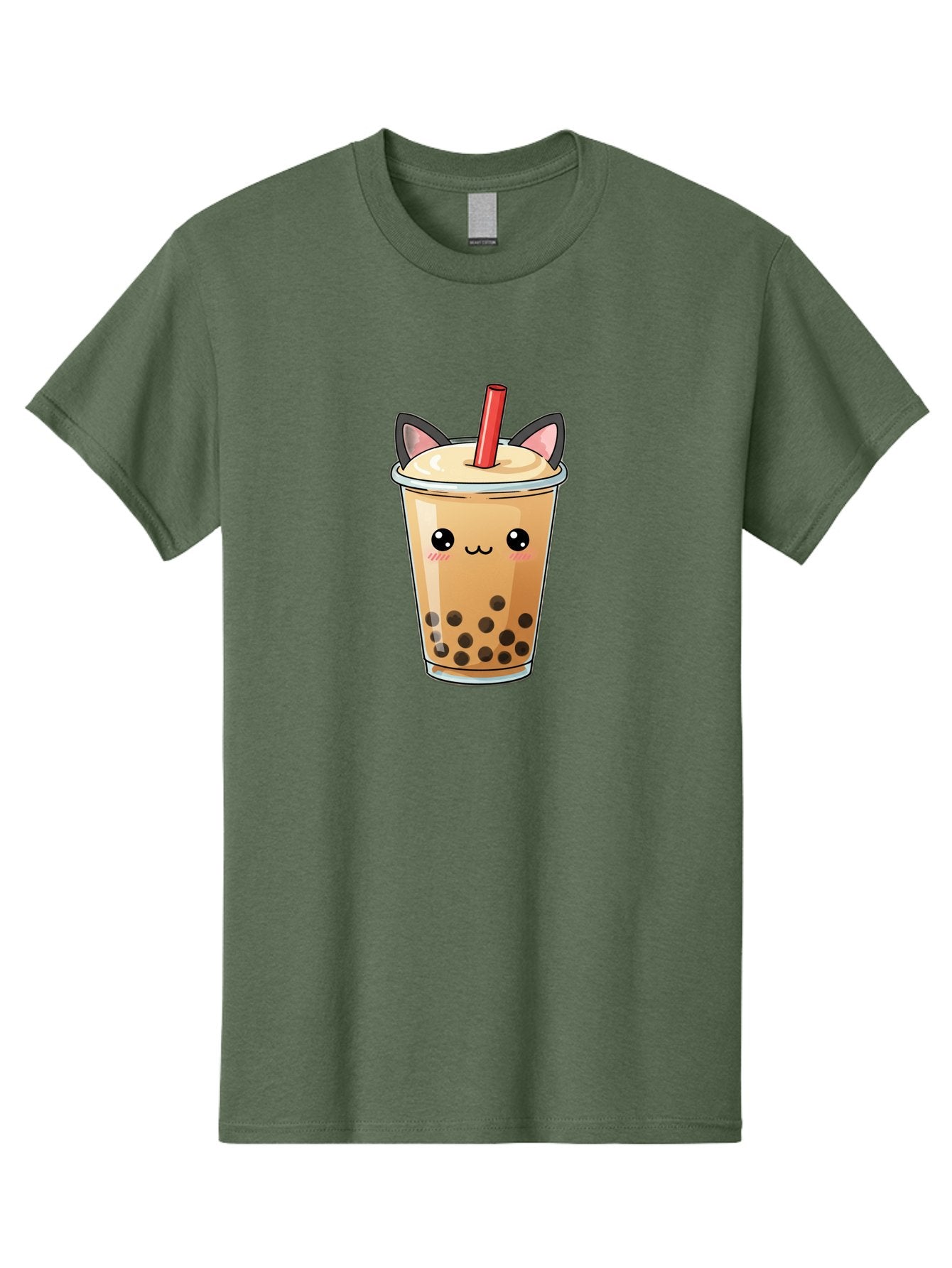 Boba-Cat Men'S Graphic Tee, 100% Cotton, Comfortable Casual Summer Wear, Machine Washable, Boba Tea, Milk Tea, Bubble Tea, Kawaii Culture, Cute Drink, Cartoon Character, Red Straw, Black Boba, Adorable Face, Anime Style, Tea Lover, Bac643 5