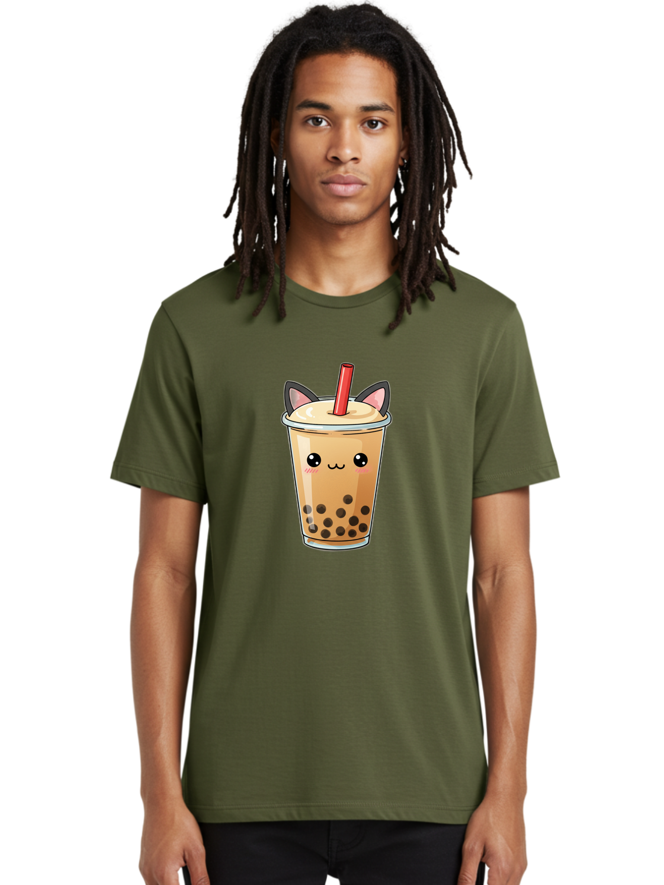 Boba-Cat Men'S Graphic Tee, 100% Cotton, Comfortable Casual Summer Wear, Machine Washable, Boba Tea, Milk Tea, Bubble Tea, Kawaii Culture, Cute Drink, Cartoon Character, Red Straw, Black Boba, Adorable Face, Anime Style, Tea Lover, Bac643 23