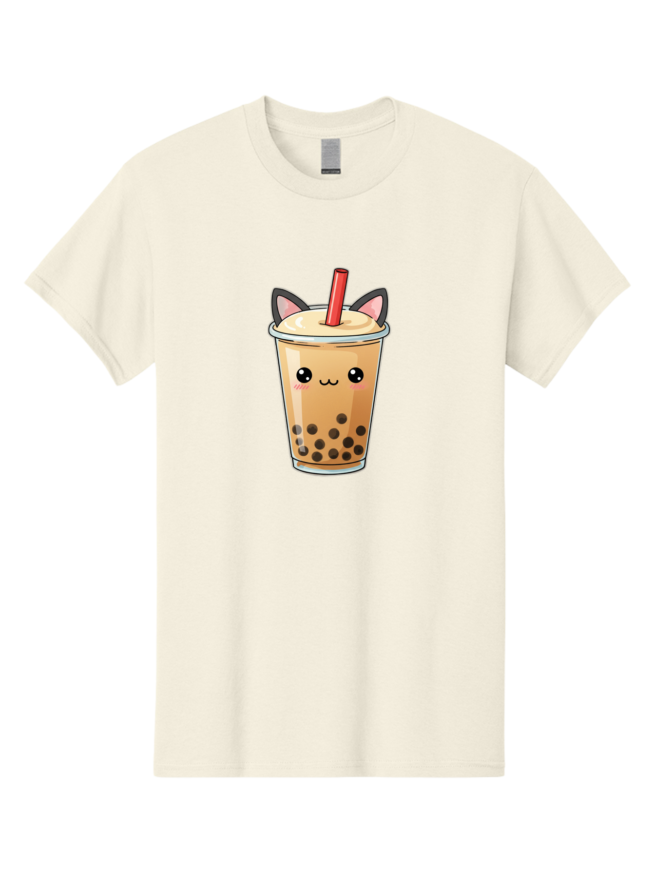 Boba-Cat Men'S Graphic Tee, 100% Cotton, Comfortable Casual Summer Wear, Machine Washable, Boba Tea, Milk Tea, Bubble Tea, Kawaii Culture, Cute Drink, Cartoon Character, Red Straw, Black Boba, Adorable Face, Anime Style, Tea Lover, Bac643 5