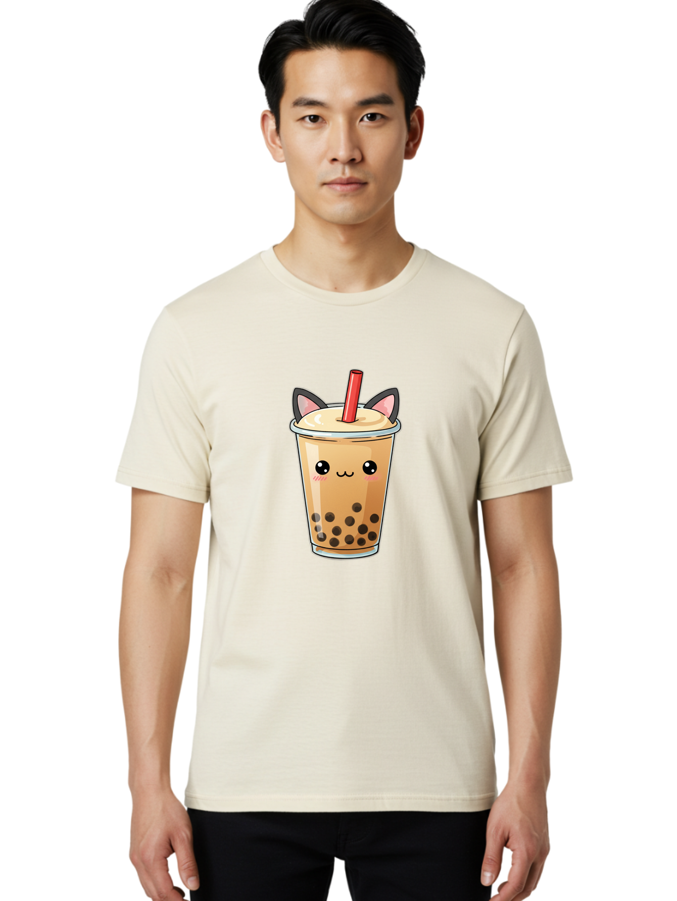 Boba-Cat Men'S Graphic Tee, 100% Cotton, Comfortable Casual Summer Wear, Machine Washable, Boba Tea, Milk Tea, Bubble Tea, Kawaii Culture, Cute Drink, Cartoon Character, Red Straw, Black Boba, Adorable Face, Anime Style, Tea Lover, Bac643 20