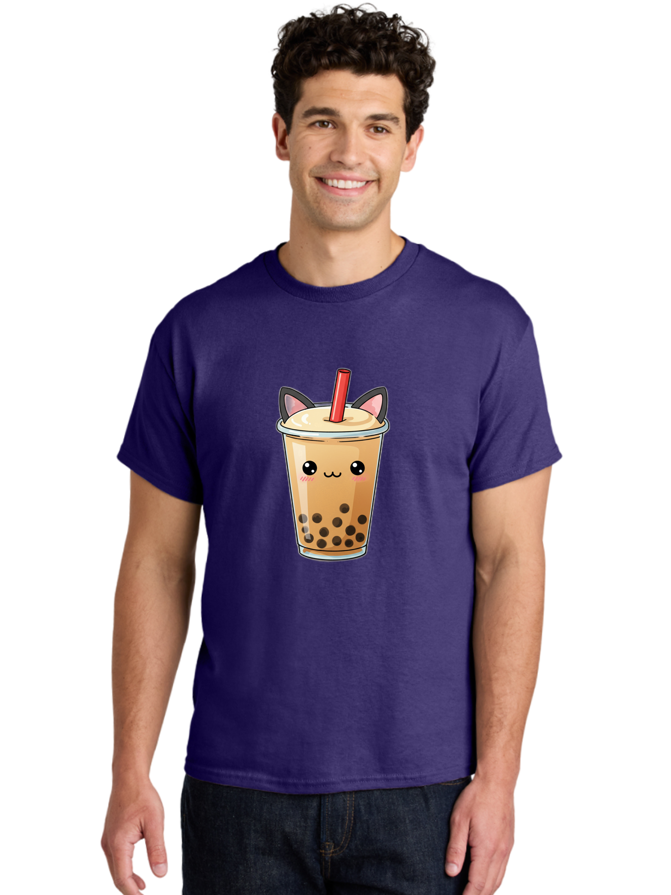 Boba-Cat Men'S Graphic Tee, 100% Cotton, Comfortable Casual Summer Wear, Machine Washable, Boba Tea, Milk Tea, Bubble Tea, Kawaii Culture, Cute Drink, Cartoon Character, Red Straw, Black Boba, Adorable Face, Anime Style, Tea Lover, Bac643 29