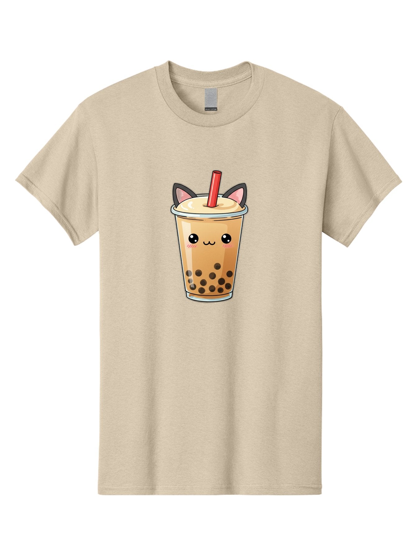 Boba-Cat Men'S Graphic Tee, 100% Cotton, Comfortable Casual Summer Wear, Machine Washable, Boba Tea, Milk Tea, Bubble Tea, Kawaii Culture, Cute Drink, Cartoon Character, Red Straw, Black Boba, Adorable Face, Anime Style, Tea Lover, Bac643 7
