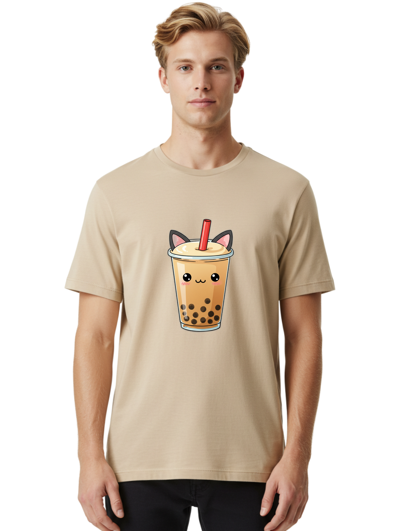 Boba-Cat Men'S Graphic Tee, 100% Cotton, Comfortable Casual Summer Wear, Machine Washable, Boba Tea, Milk Tea, Bubble Tea, Kawaii Culture, Cute Drink, Cartoon Character, Red Straw, Black Boba, Adorable Face, Anime Style, Tea Lover, Bac643 28