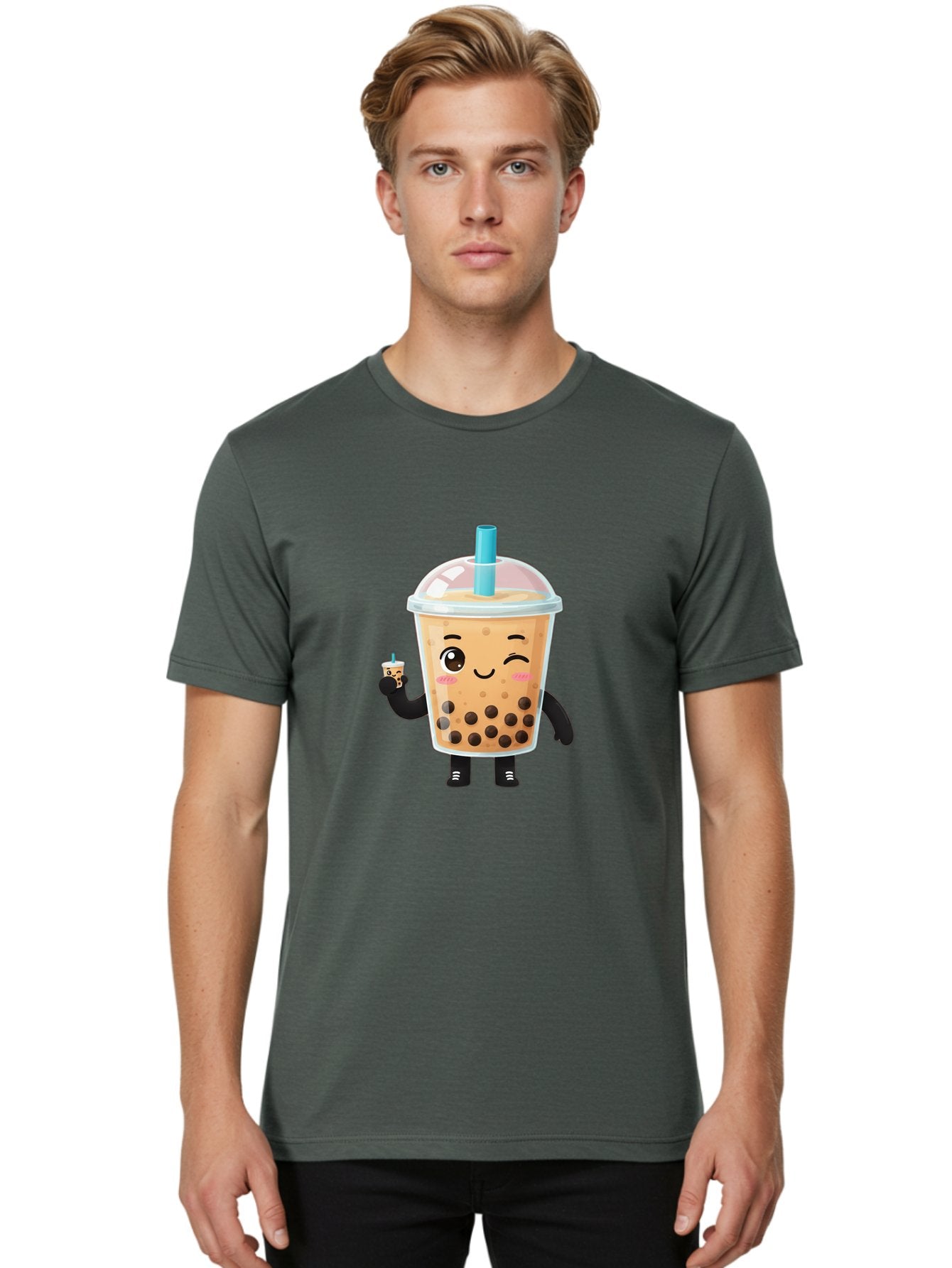 Boba-Character Men'S Graphic Tee, 100% Cotton, Comfortable Casual Summer Wear, Machine Washable, Boba Tea, Bubble Tea, Cute Character, Smiling Cup, Black Boba, Tea Drink, Beverage Character, Happy Face, Cartoon Style, Tea Lover Bac644 23