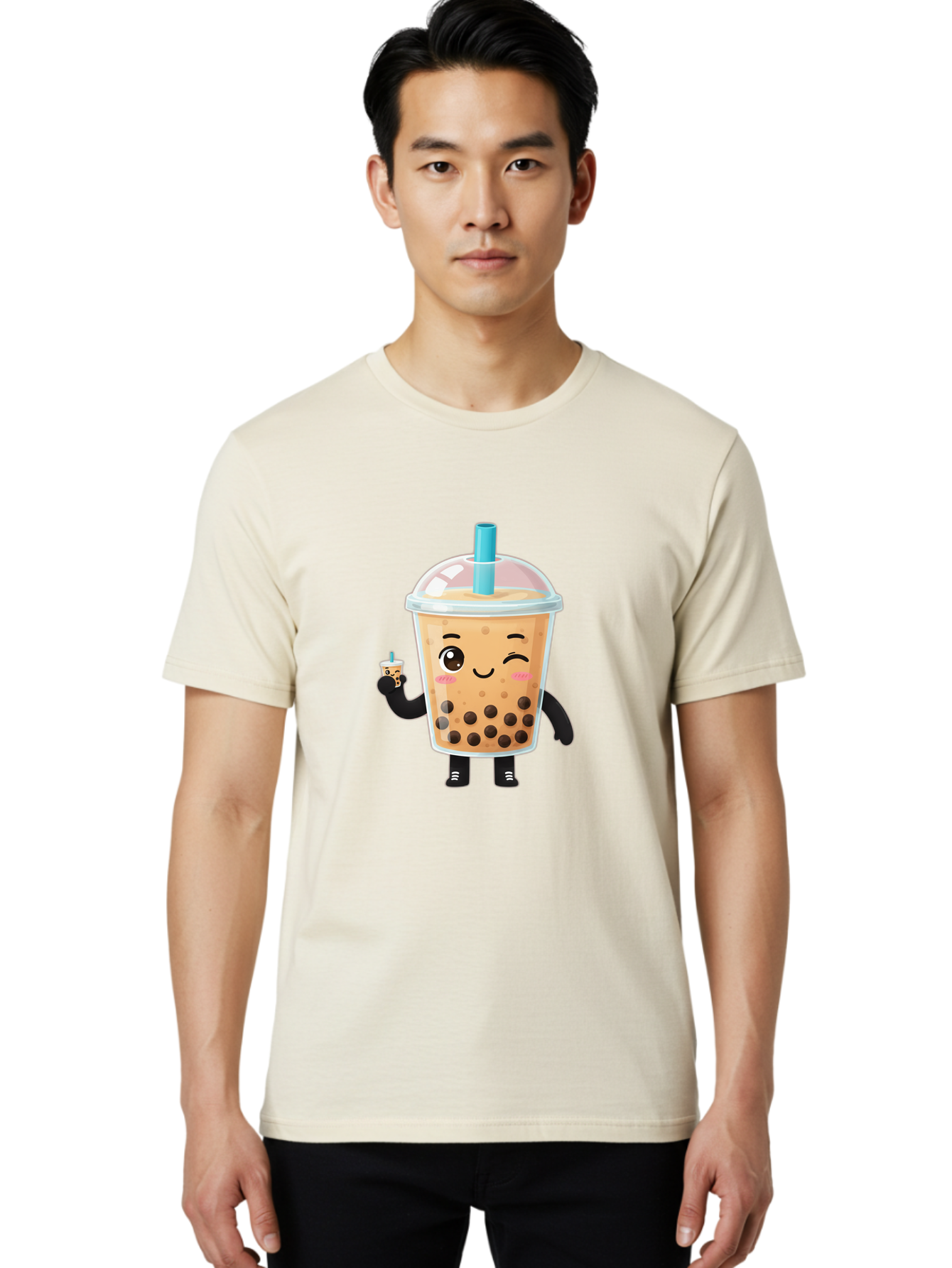 Boba-Character Men'S Graphic Tee, 100% Cotton, Comfortable Casual Summer Wear, Machine Washable, Boba Tea, Bubble Tea, Cute Character, Smiling Cup, Black Boba, Tea Drink, Beverage Character, Happy Face, Cartoon Style, Tea Lover Bac644 21