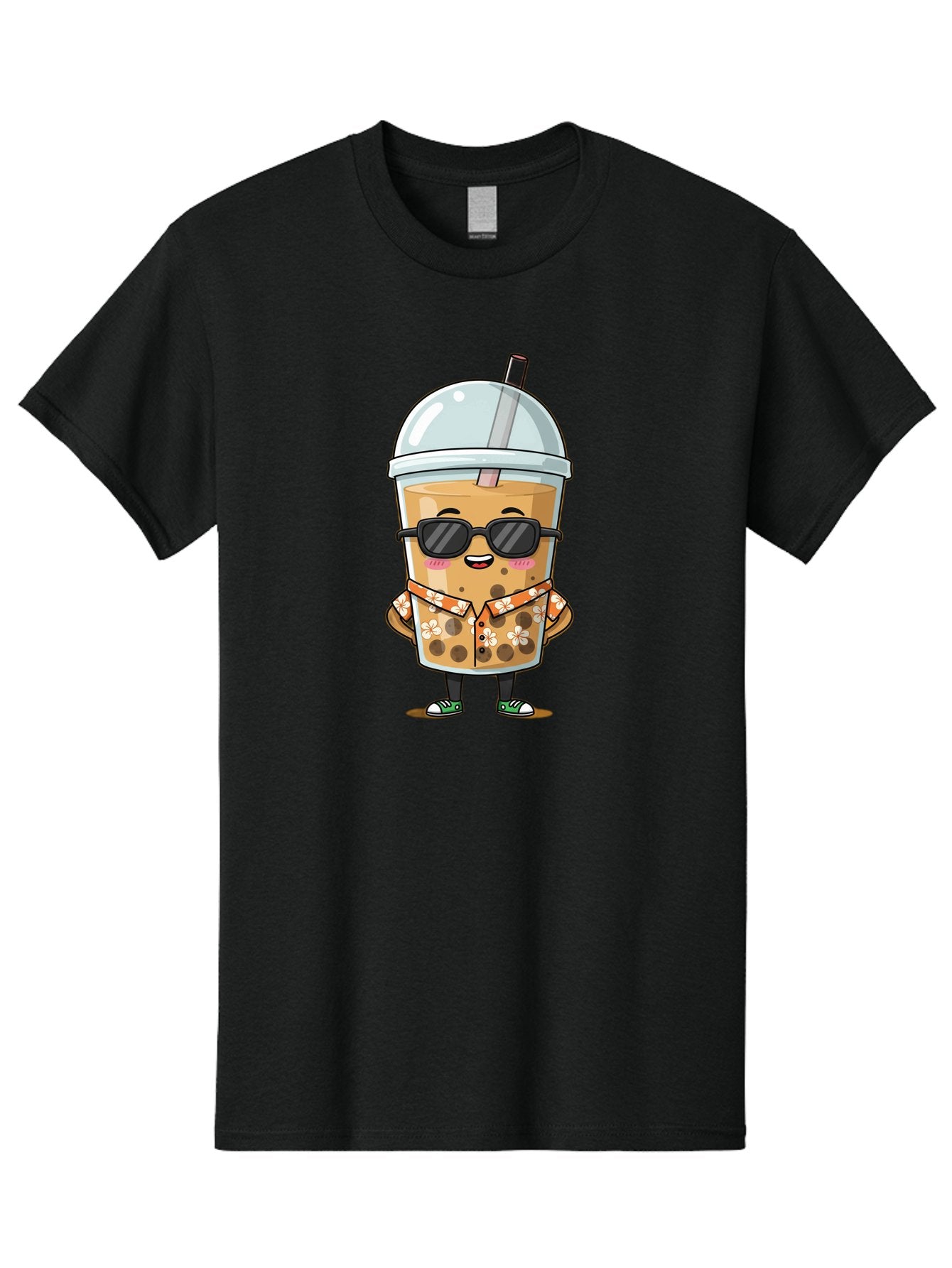 Boba-Cool Men'S Graphic Tee, 100% Cotton, Comfortable Casual Summer Wear, Machine Washable, Bubble Tea Character, Kawaii Drink, Sunglasses, Floral Shirt, Cute Cartoon, Boba Tea, Happy Expression, Trendy Vibe, Refreshing Beverage Bac645 4