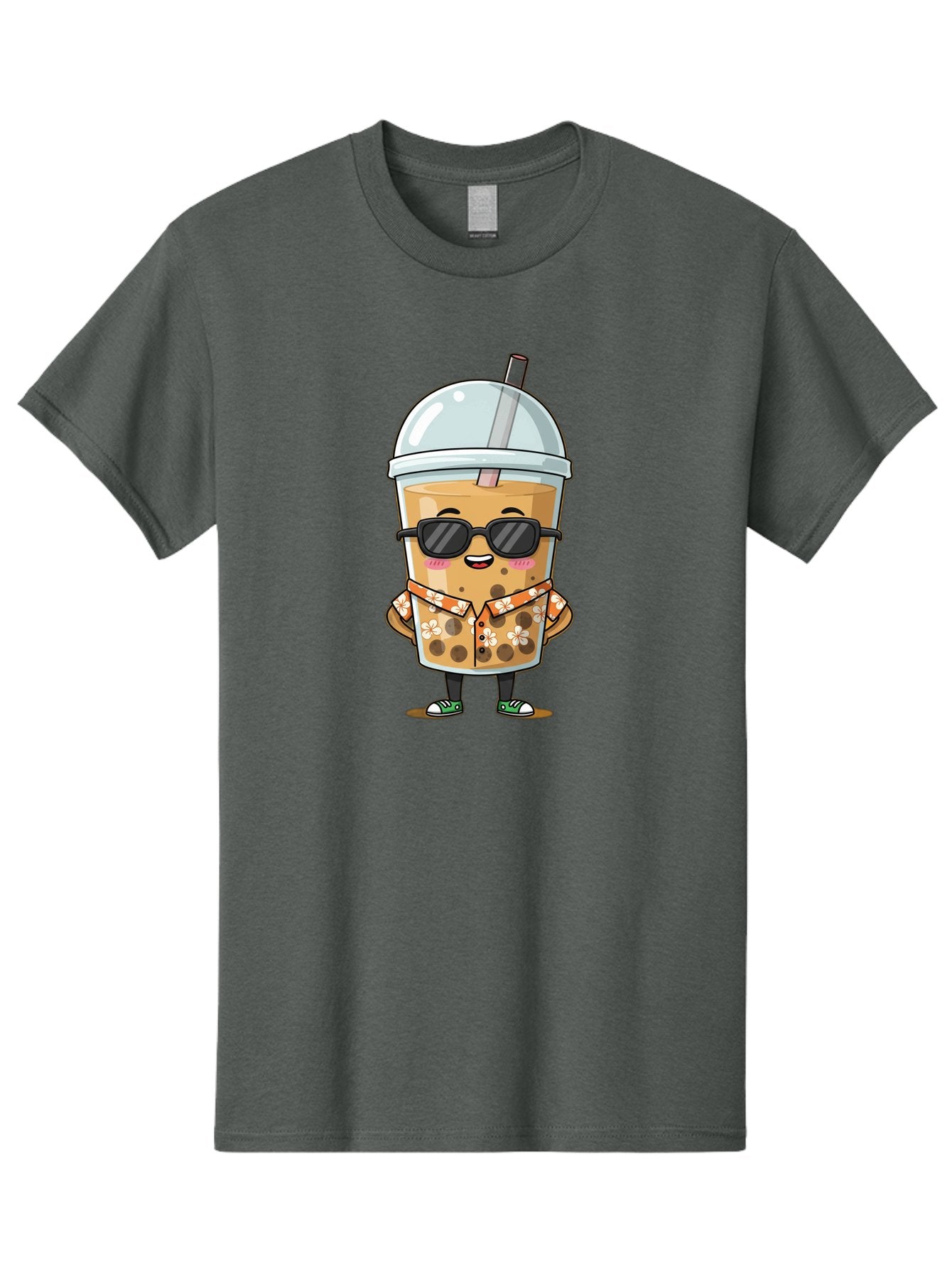 Boba-Cool Men'S Graphic Tee, 100% Cotton, Comfortable Casual Summer Wear, Machine Washable, Bubble Tea Character, Kawaii Drink, Sunglasses, Floral Shirt, Cute Cartoon, Boba Tea, Happy Expression, Trendy Vibe, Refreshing Beverage Bac645 3