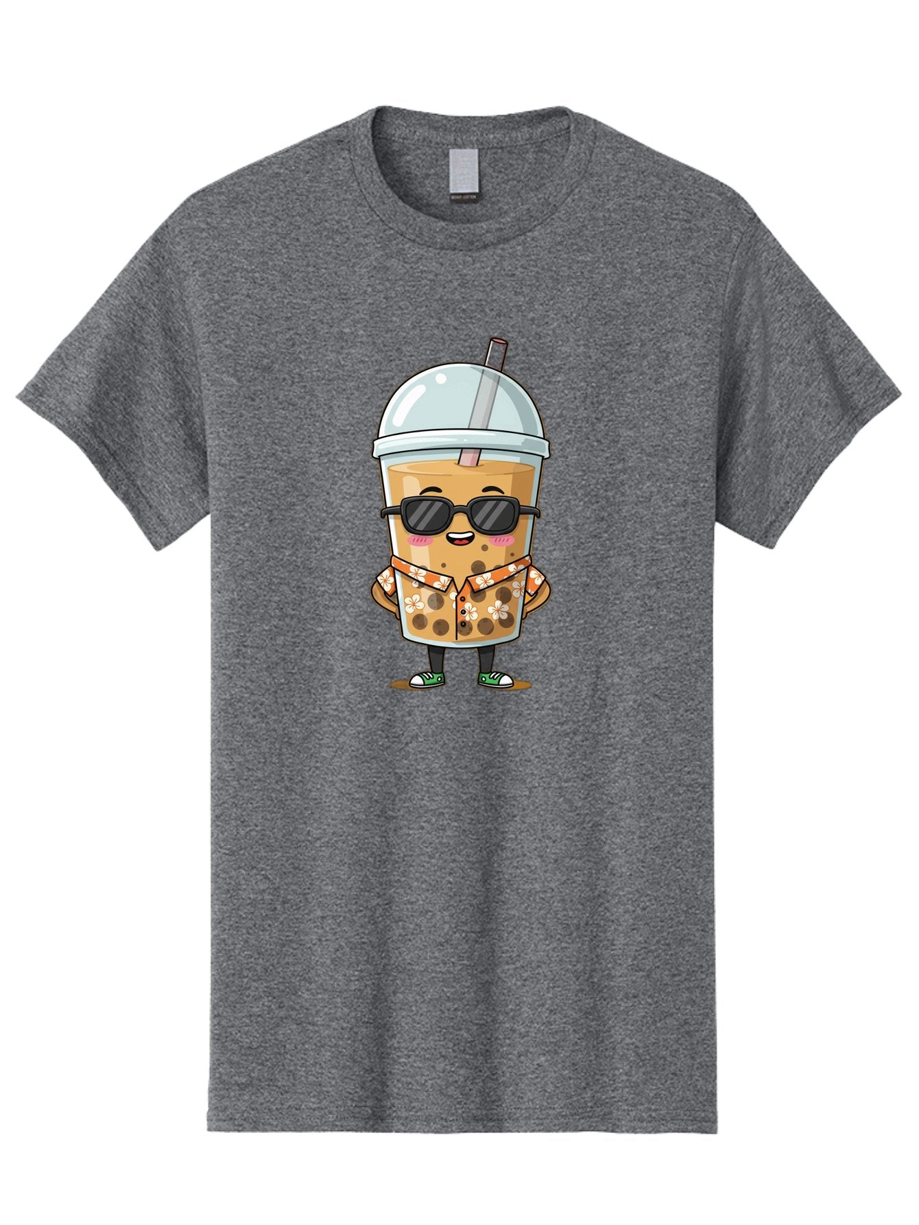 Boba-Cool Men'S Graphic Tee, 100% Cotton, Comfortable Casual Summer Wear, Machine Washable, Bubble Tea Character, Kawaii Drink, Sunglasses, Floral Shirt, Cute Cartoon, Boba Tea, Happy Expression, Trendy Vibe, Refreshing Beverage Bac645 7