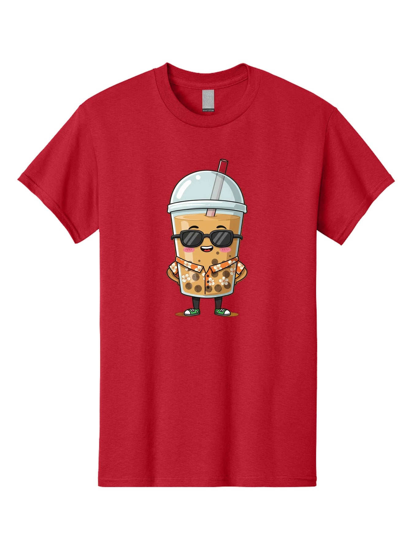 Boba-Cool Men'S Graphic Tee, 100% Cotton, Comfortable Casual Summer Wear, Machine Washable, Bubble Tea Character, Kawaii Drink, Sunglasses, Floral Shirt, Cute Cartoon, Boba Tea, Happy Expression, Trendy Vibe, Refreshing Beverage Bac645