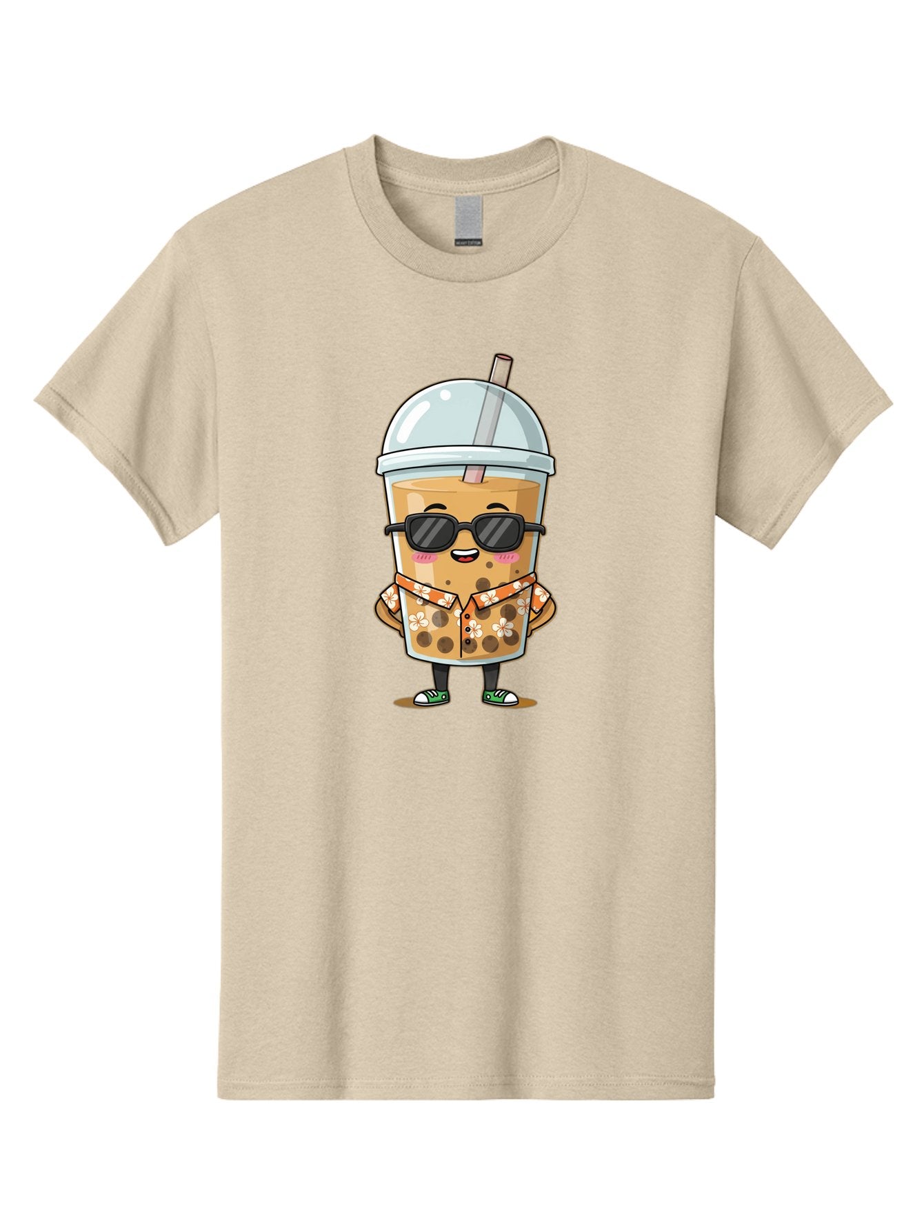 Boba-Cool Men'S Graphic Tee, 100% Cotton, Comfortable Casual Summer Wear, Machine Washable, Bubble Tea Character, Kawaii Drink, Sunglasses, Floral Shirt, Cute Cartoon, Boba Tea, Happy Expression, Trendy Vibe, Refreshing Beverage Bac645 6