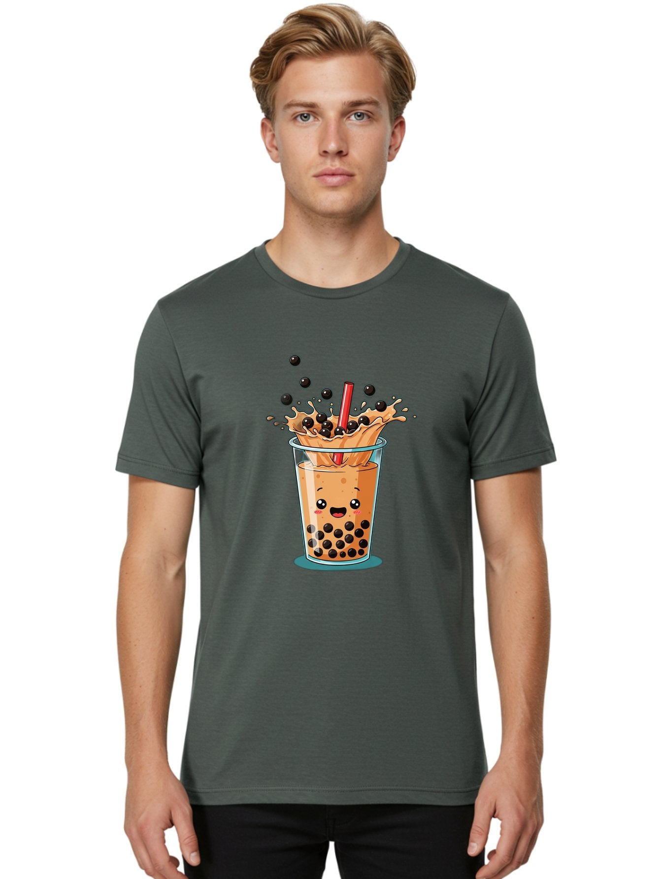 Boba-Drink Men'S Graphic Tee, 100% Cotton, Comfortable Casual Summer Wear, Machine Washable, Boba Tea, Milk Tea, Bubble Tea, Cartoon Illustration, Happy Face, Red Straw, Splashing Tapioca Pearls, Sweet Drink, Fun Beverage, Cute Design Bac646 25
