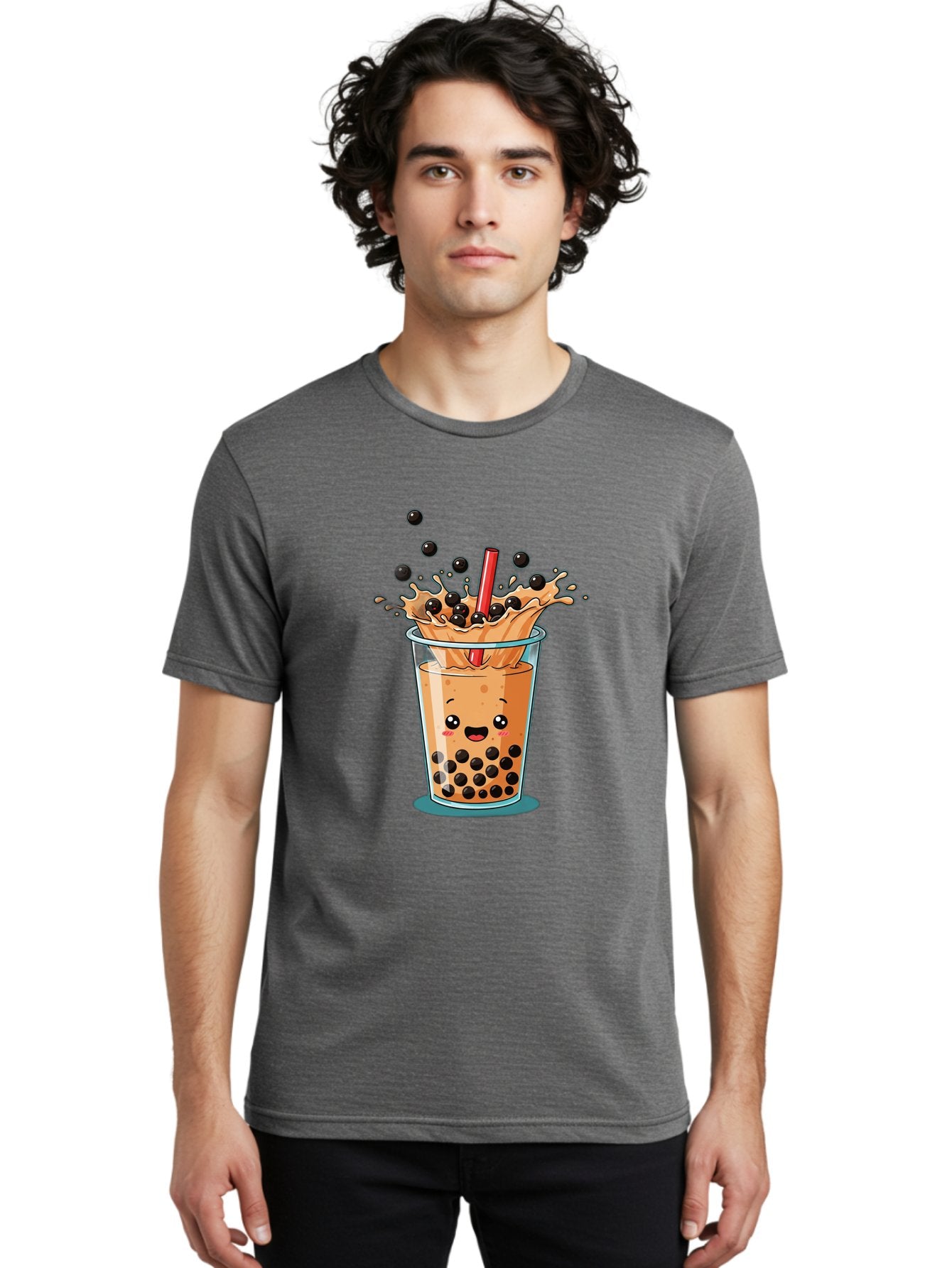 Boba-Drink Men'S Graphic Tee, 100% Cotton, Comfortable Casual Summer Wear, Machine Washable, Boba Tea, Milk Tea, Bubble Tea, Cartoon Illustration, Happy Face, Red Straw, Splashing Tapioca Pearls, Sweet Drink, Fun Beverage, Cute Design Bac646 17