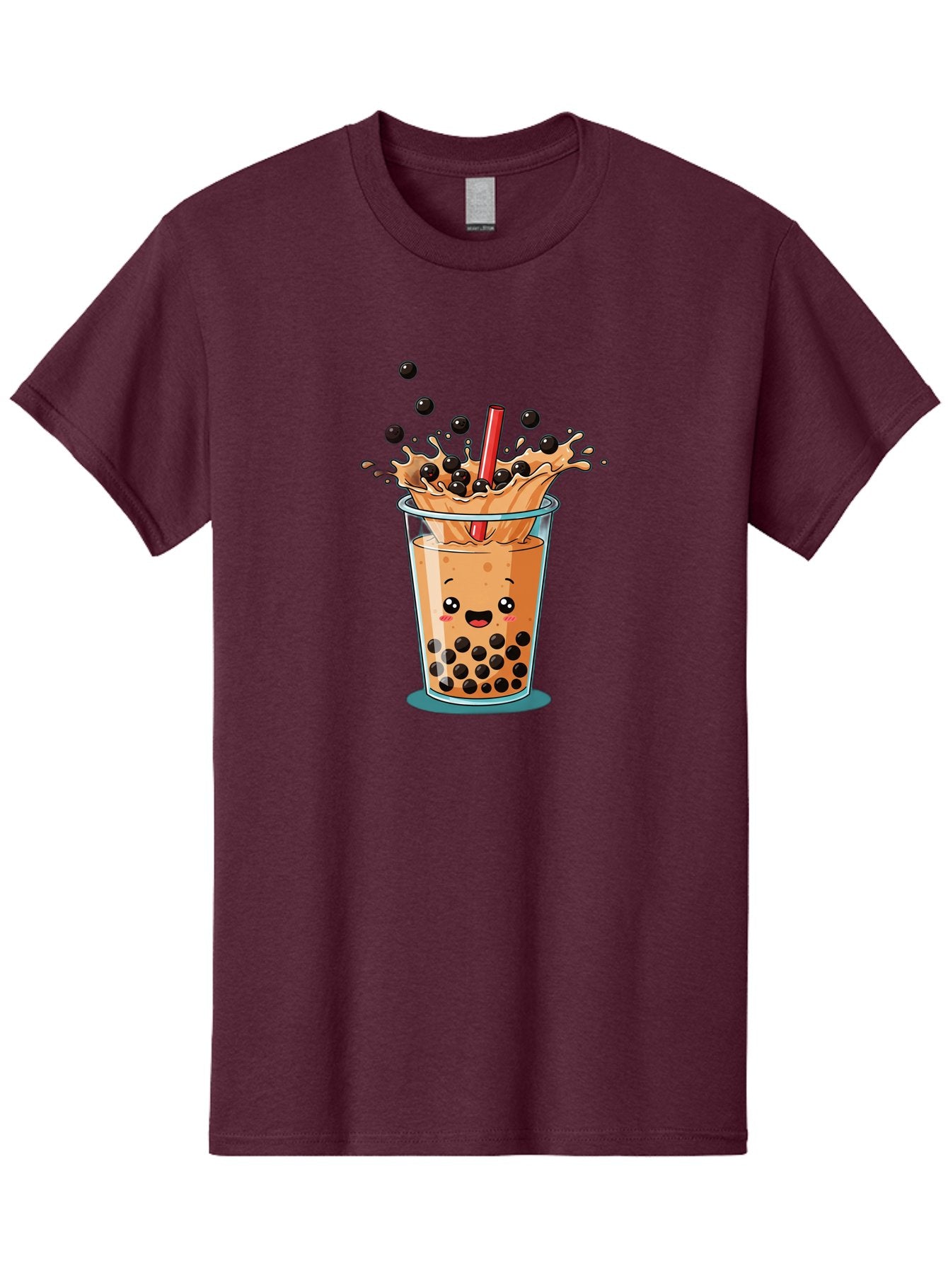 Boba-Drink Men'S Graphic Tee, 100% Cotton, Comfortable Casual Summer Wear, Machine Washable, Boba Tea, Milk Tea, Bubble Tea, Cartoon Illustration, Happy Face, Red Straw, Splashing Tapioca Pearls, Sweet Drink, Fun Beverage, Cute Design Bac646