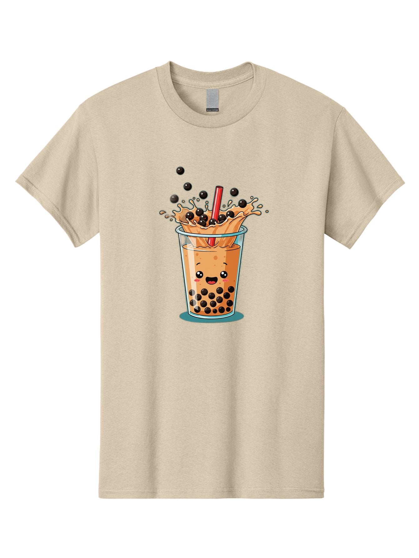 Boba-Drink Men'S Graphic Tee, 100% Cotton, Comfortable Casual Summer Wear, Machine Washable, Boba Tea, Milk Tea, Bubble Tea, Cartoon Illustration, Happy Face, Red Straw, Splashing Tapioca Pearls, Sweet Drink, Fun Beverage, Cute Design Bac646 7