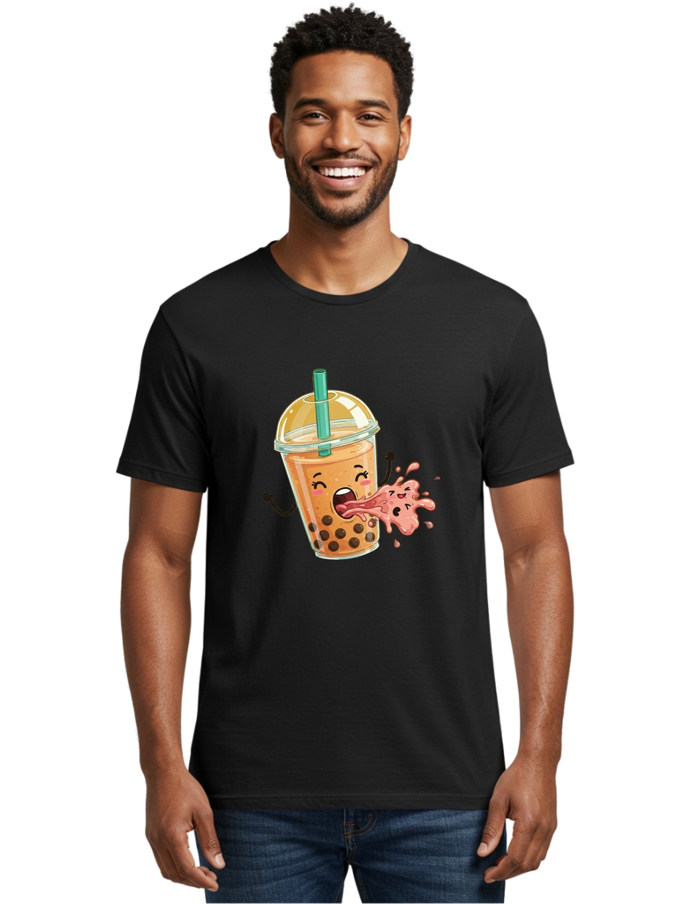 Boba-Face Men'S Graphic Tee, 100% Cotton, Comfortable Casual Summer Wear, Machine Washable, Cartoon Bubble Tea, Boba Drink, Spitting Tea, Cute Character, Funny Illustration, Kawaii Art, Tea Lover, Bubble Tea Lover, Straw, Boba, Milk Tea Bac647 26