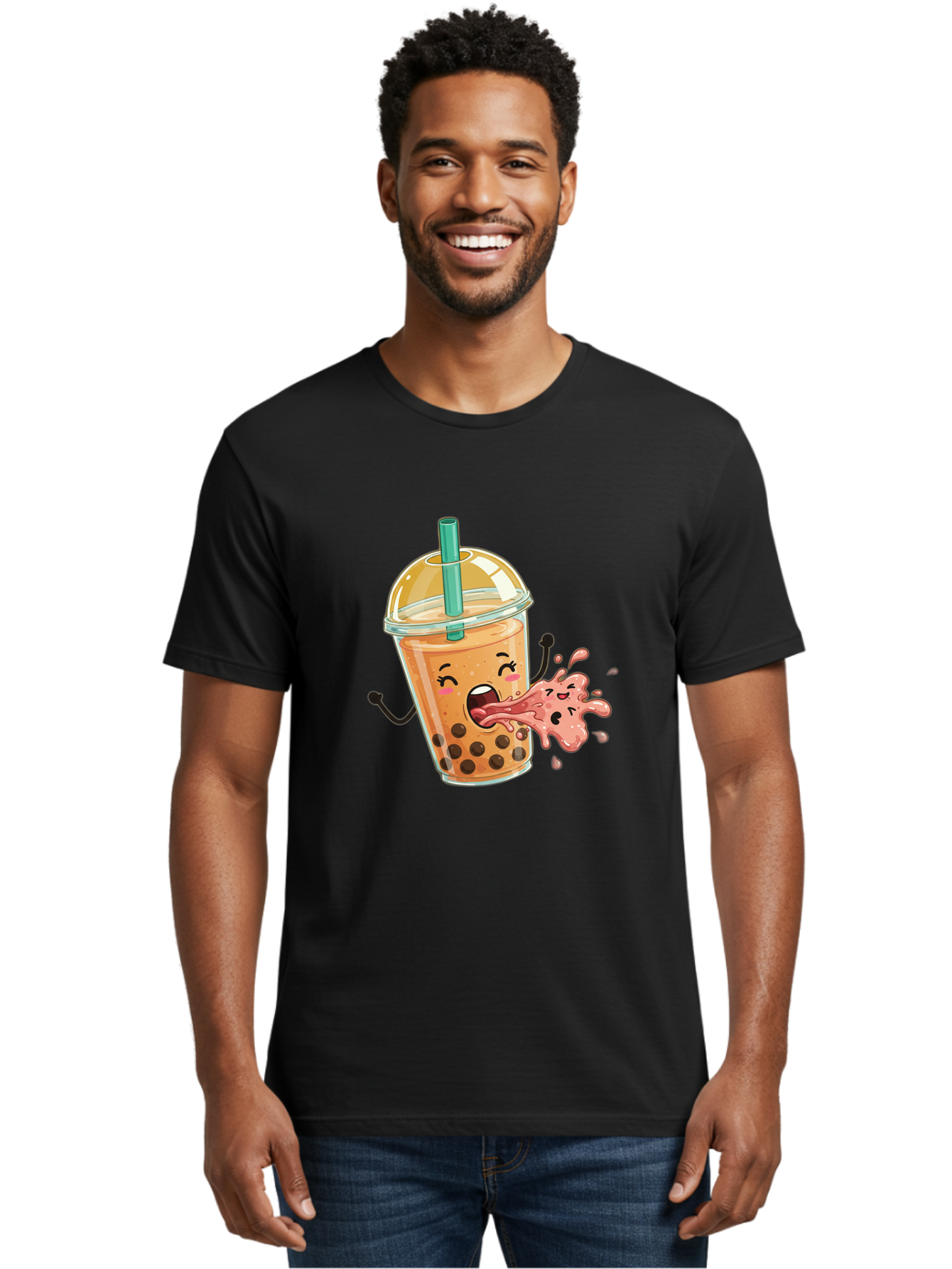 Boba-Face Men'S Graphic Tee, 100% Cotton, Comfortable Casual Summer Wear, Machine Washable, Cartoon Bubble Tea, Boba Drink, Spitting Tea, Cute Character, Funny Illustration, Kawaii Art, Tea Lover, Bubble Tea Lover, Straw, Boba, Milk Tea Bac647 20