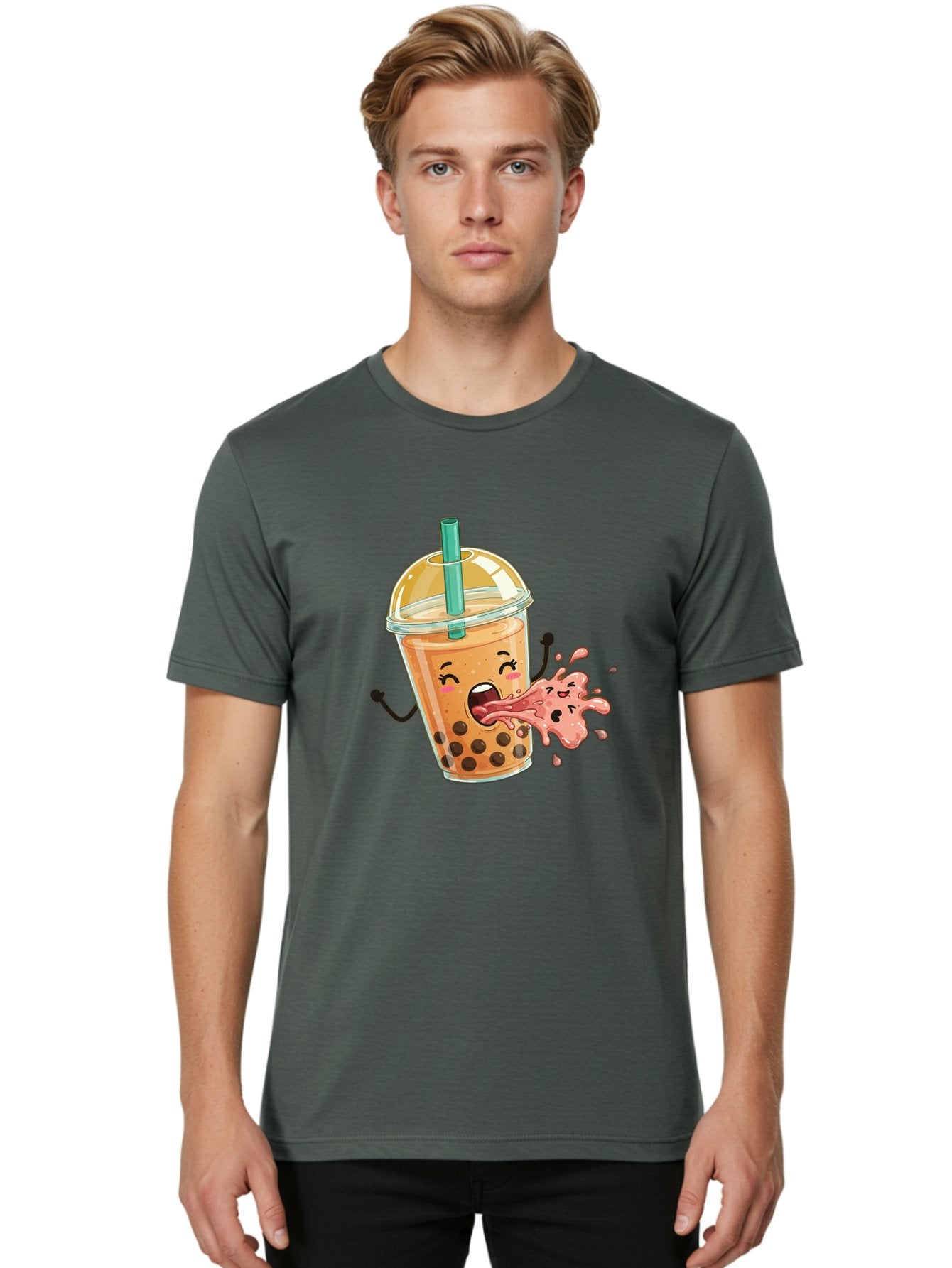 Boba-Face Men'S Graphic Tee, 100% Cotton, Comfortable Casual Summer Wear, Machine Washable, Cartoon Bubble Tea, Boba Drink, Spitting Tea, Cute Character, Funny Illustration, Kawaii Art, Tea Lover, Bubble Tea Lover, Straw, Boba, Milk Tea Bac647 30