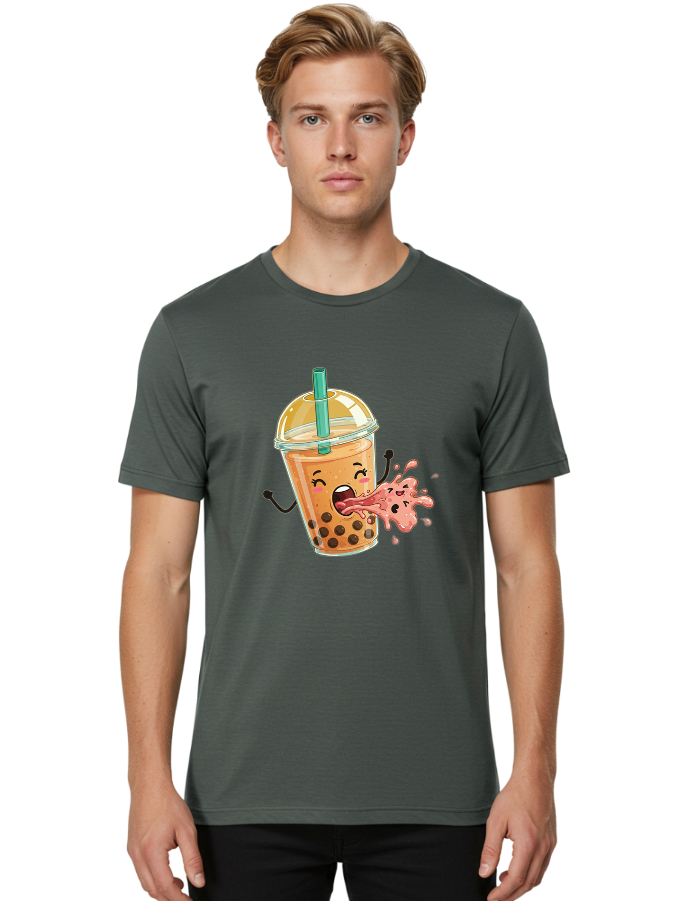 Boba-Face Men'S Graphic Tee, 100% Cotton, Comfortable Casual Summer Wear, Machine Washable, Cartoon Bubble Tea, Boba Drink, Spitting Tea, Cute Character, Funny Illustration, Kawaii Art, Tea Lover, Bubble Tea Lover, Straw, Boba, Milk Tea Bac647 16