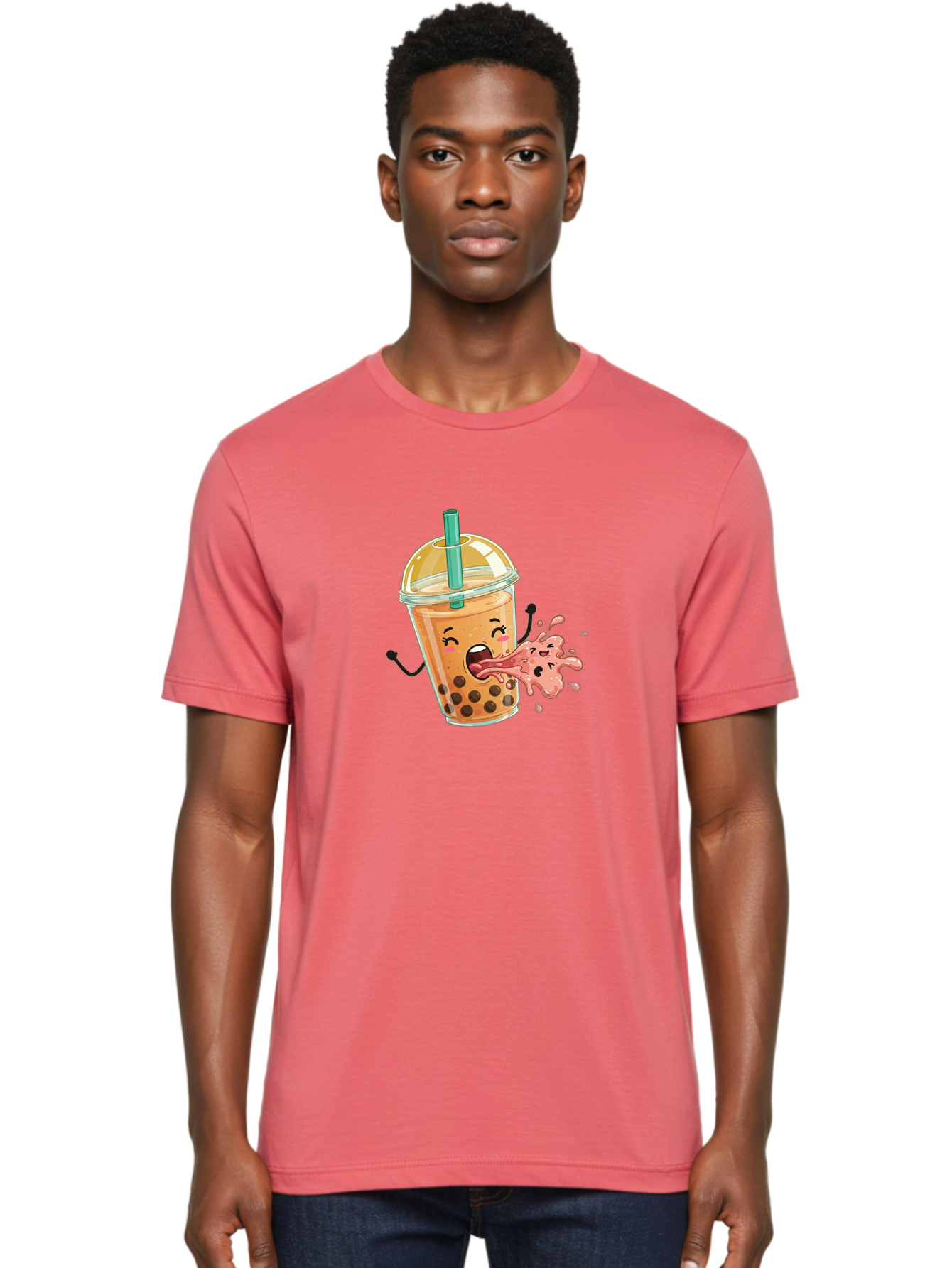 Boba-Face Men'S Graphic Tee, 100% Cotton, Comfortable Casual Summer Wear, Machine Washable, Cartoon Bubble Tea, Boba Drink, Spitting Tea, Cute Character, Funny Illustration, Kawaii Art, Tea Lover, Bubble Tea Lover, Straw, Boba, Milk Tea Bac647 27